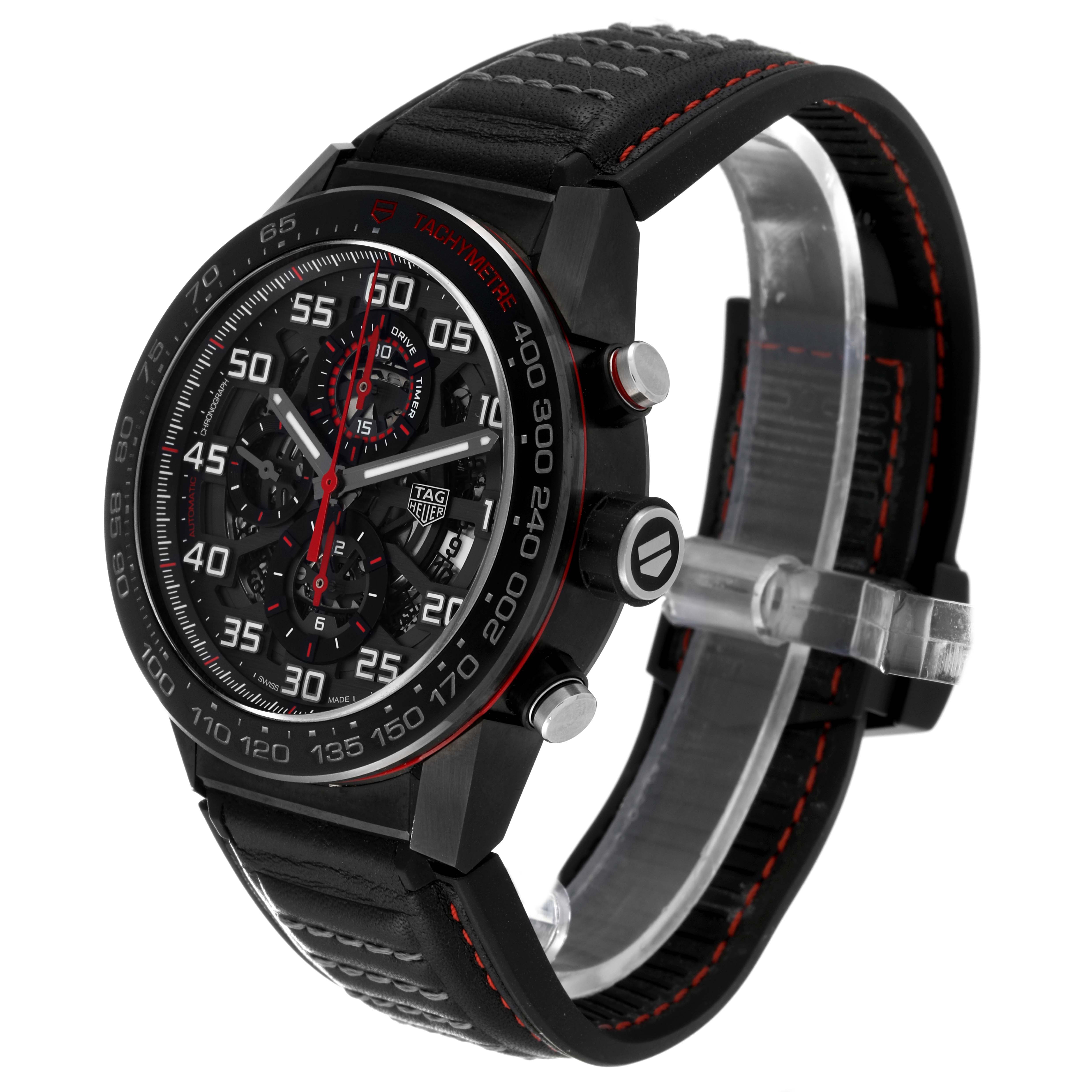 The image shows a side angle of a Tag Heuer Carrera CAR2A1H.FT6101 Men's Stainless Steel Black Dial CAR2A1H.FT6101 Men's Stainless Steel Black Dial watch, highlighting the face, bezel, crown, and band.