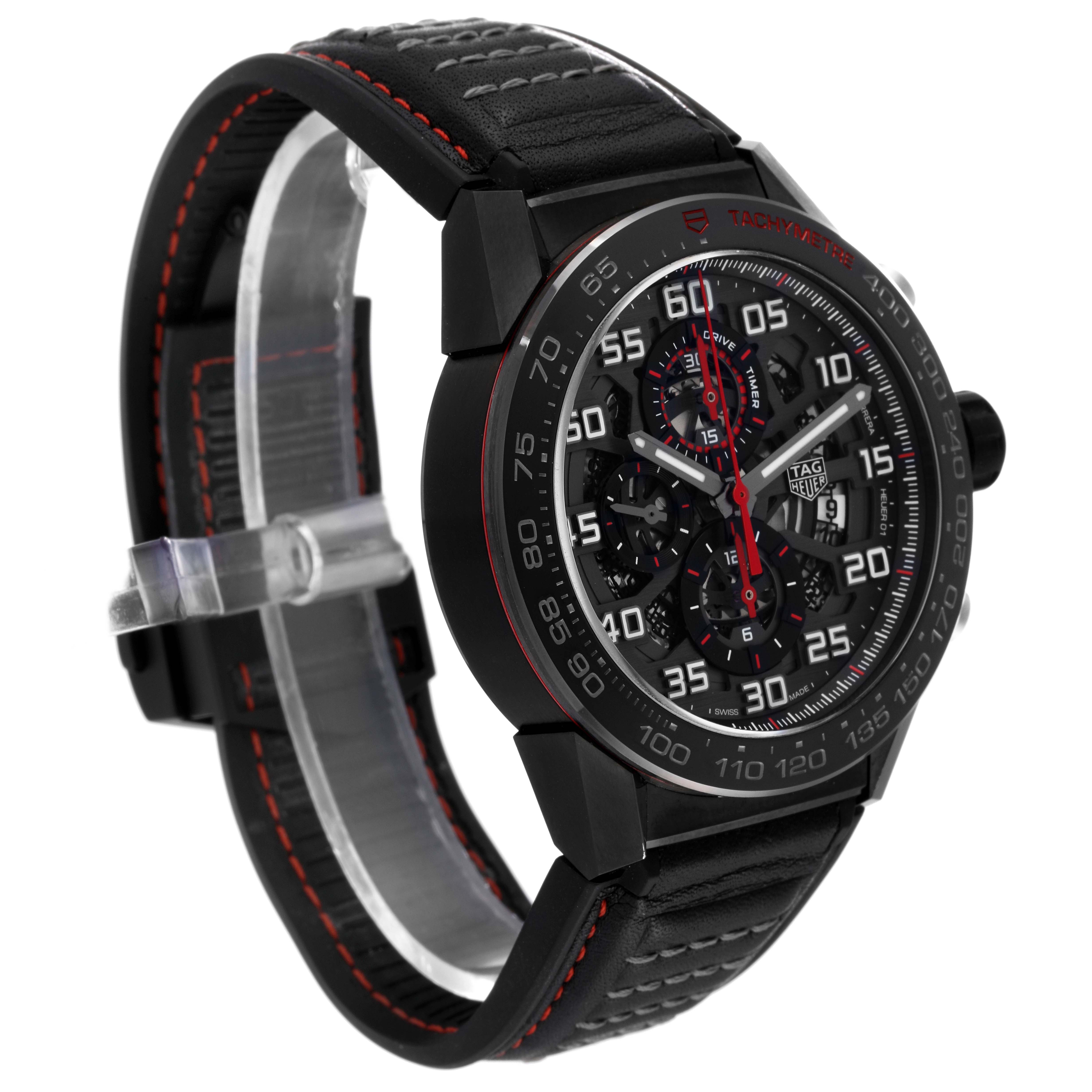 The Tag Heuer Carrera CAR2A1H.FT6101 Men's Stainless Steel Black Dial CAR2A1H.FT6101 Men's Stainless Steel Black Dial watch is shown at a 3 o'clock angle with a focus on its face, bezel, and leather strap.