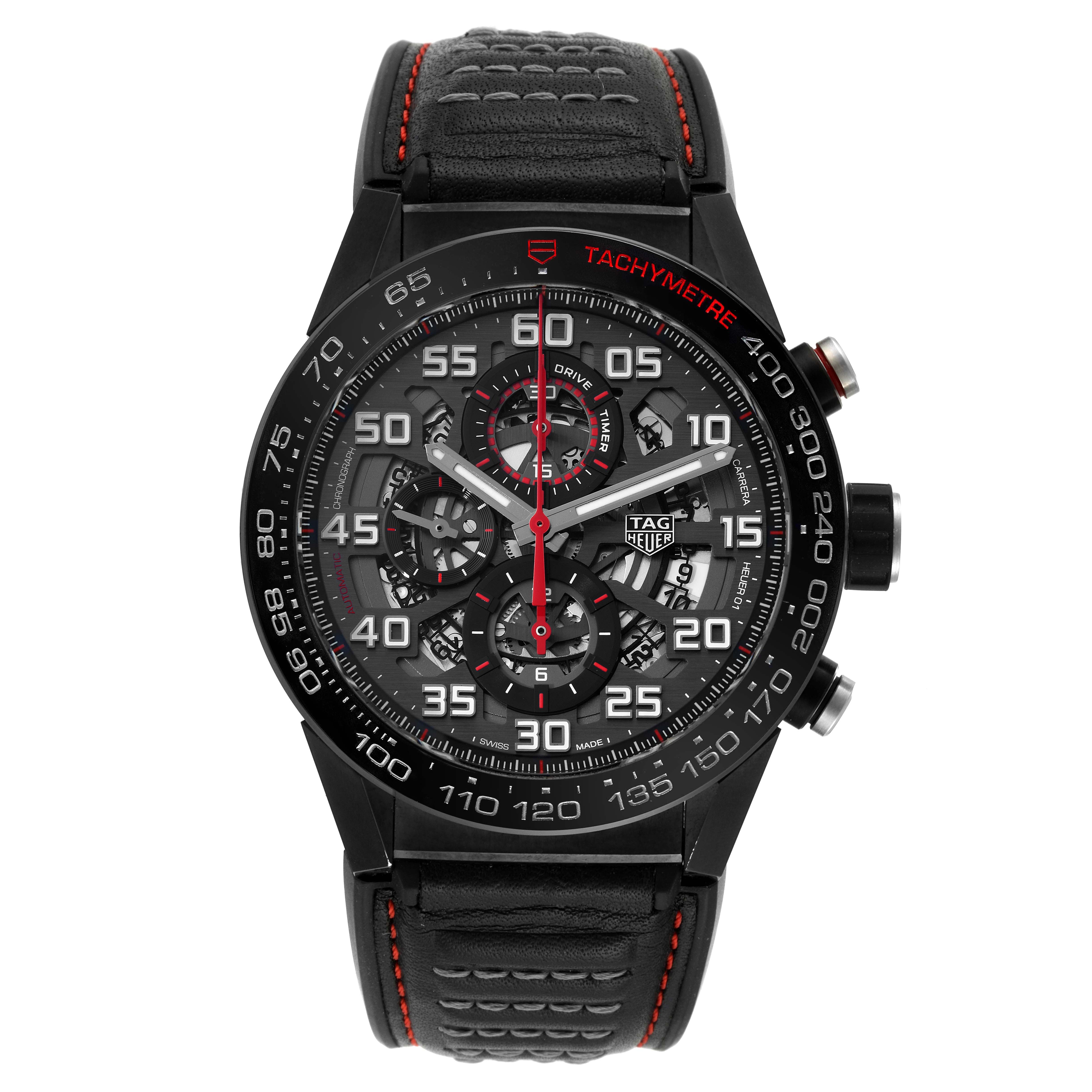 The image shows a straight-on view of the Tag Heuer Carrera CAR2A1H.FT6101 Men's Stainless Steel Black Dial CAR2A1H.FT6101 Men's Stainless Steel Black Dial watch, featuring its face, dial, and strap.
