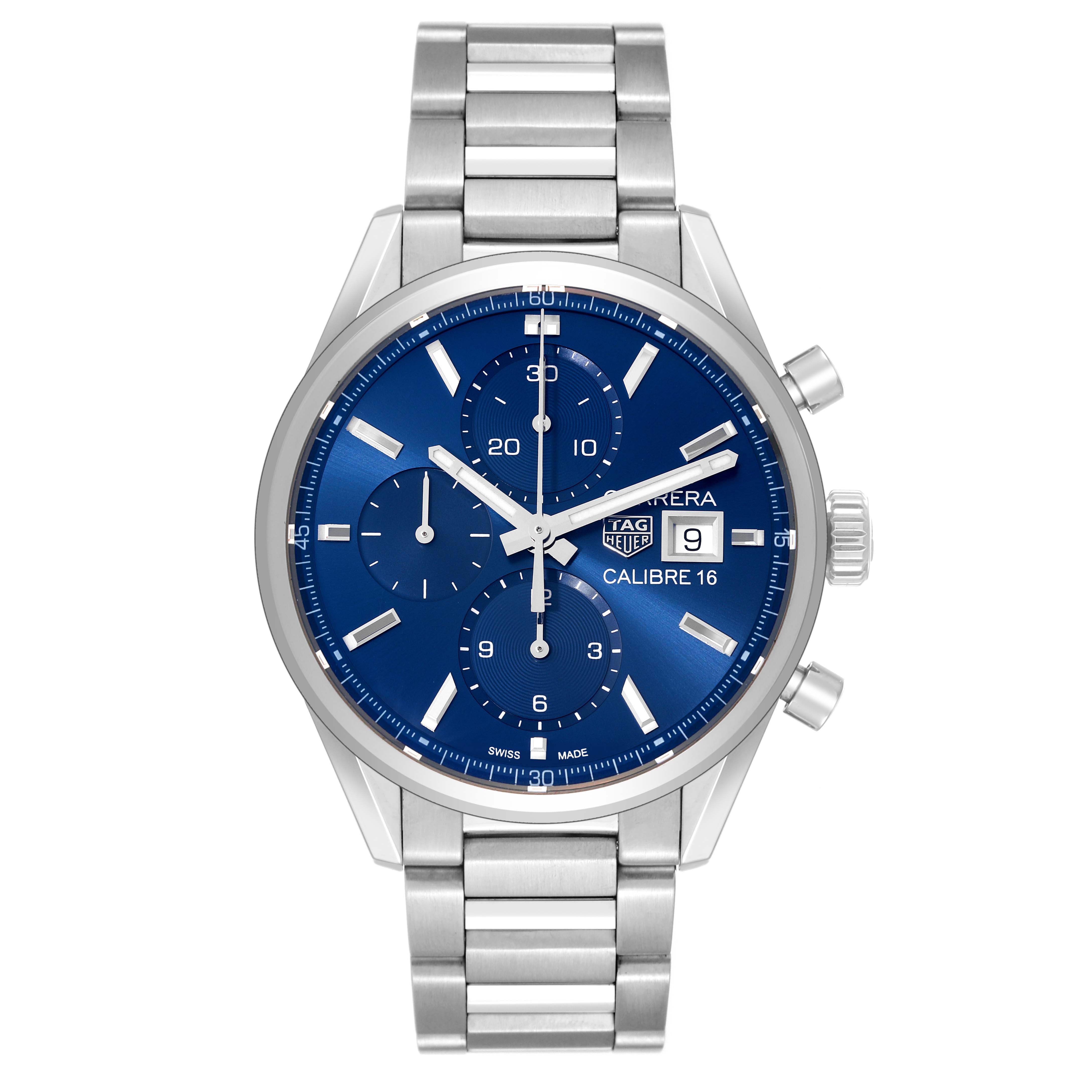 The image shows a front view of the Tag Heuer Carrera CBK2112.BA0715 Men's Stainless Steel Blue Dial CBK2112.BA0715 Men's Stainless Steel Blue Dial watch, featuring a blue dial, three subdials, date window, and stainless steel band.