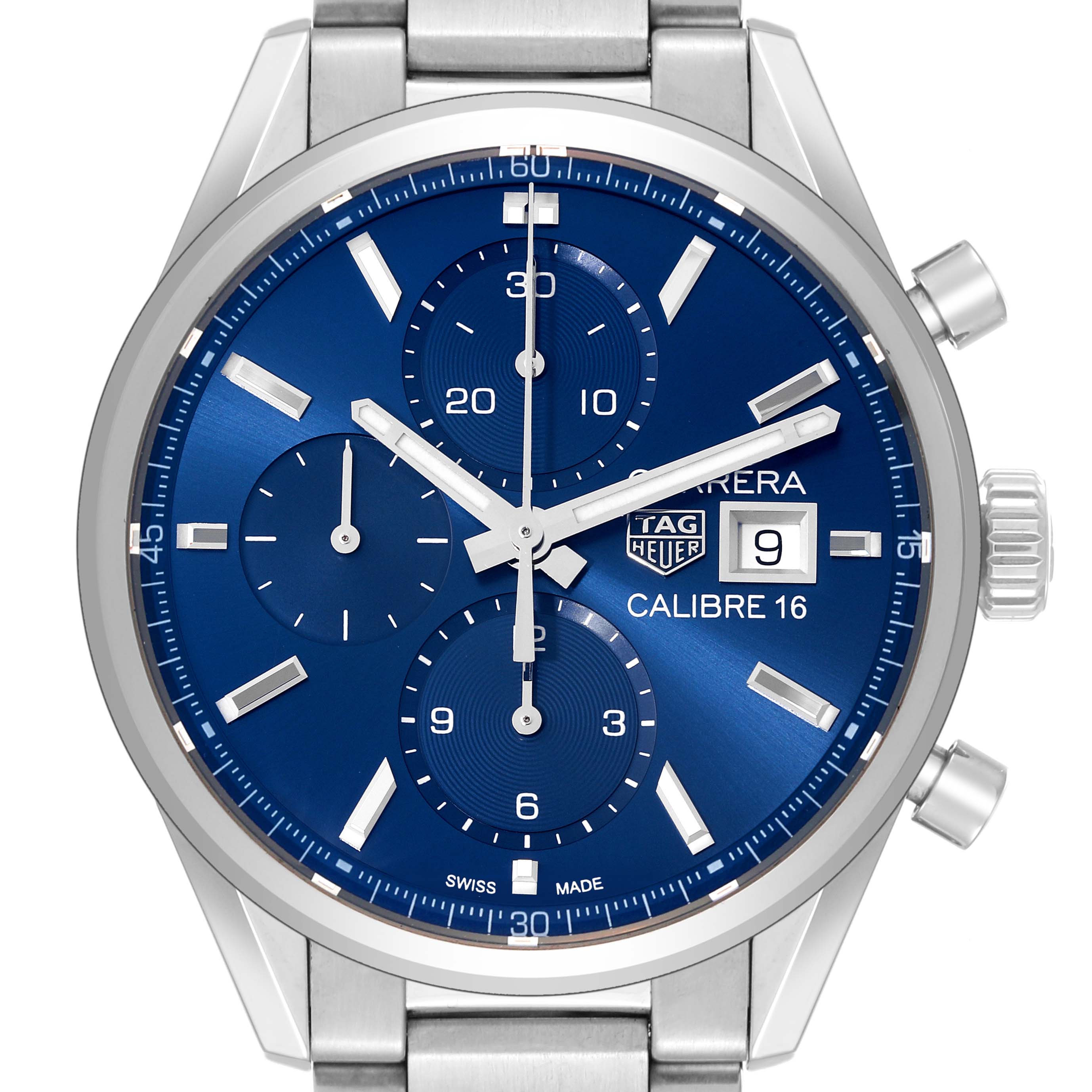 This Tag Heuer Carrera CBK2112.BA0715 Men's Stainless Steel Blue Dial CBK2112.BA0715 Men's Stainless Steel Blue Dial watch is shown from the front, displaying its blue dial, three subdials, and date display.
