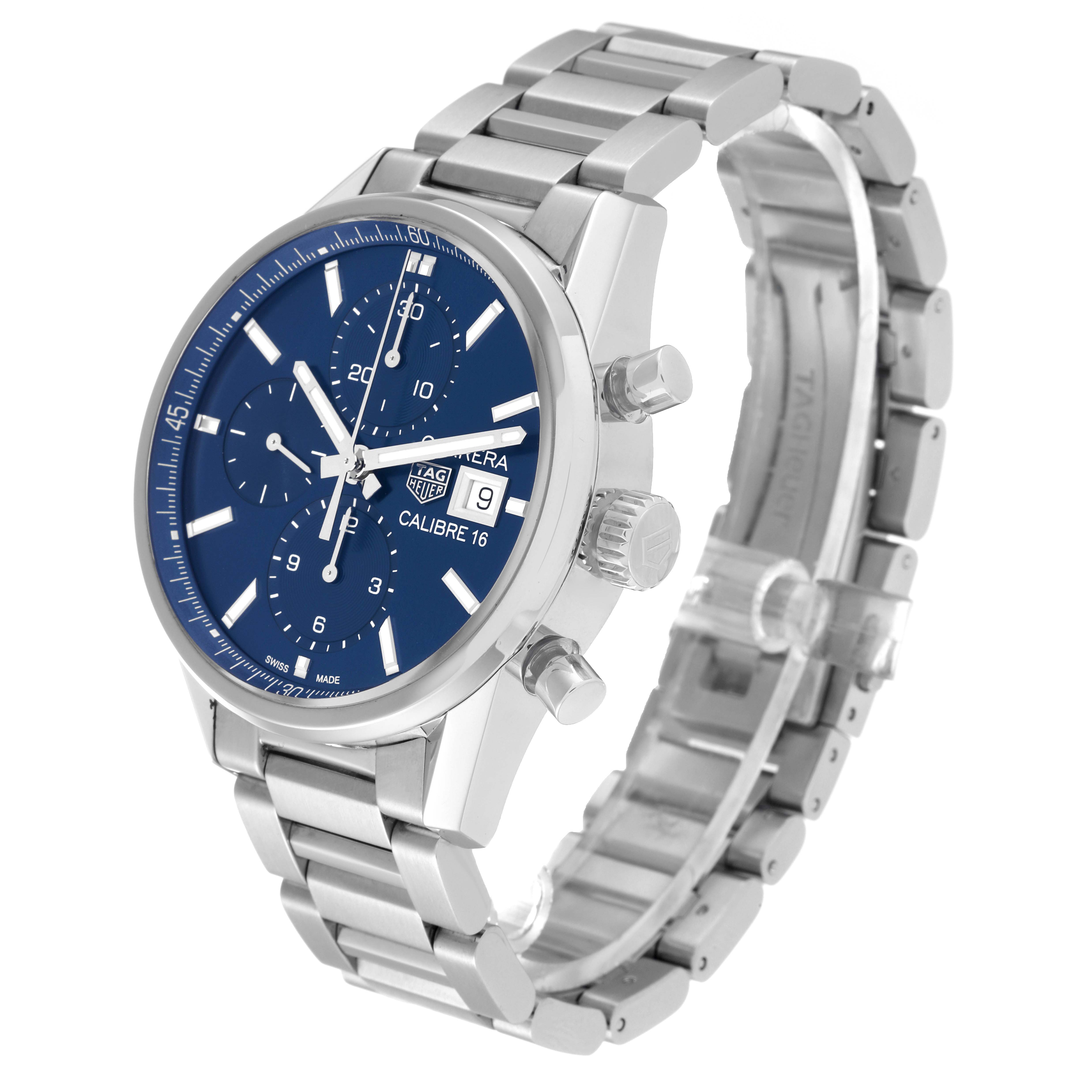 The Tag Heuer Carrera CBK2112.BA0715 Men's Stainless Steel Blue Dial CBK2112.BA0715 Men's Stainless Steel Blue Dial watch is shown at a three-quarter angle, highlighting its blue dial, chronograph subdials, and metal bracelet.