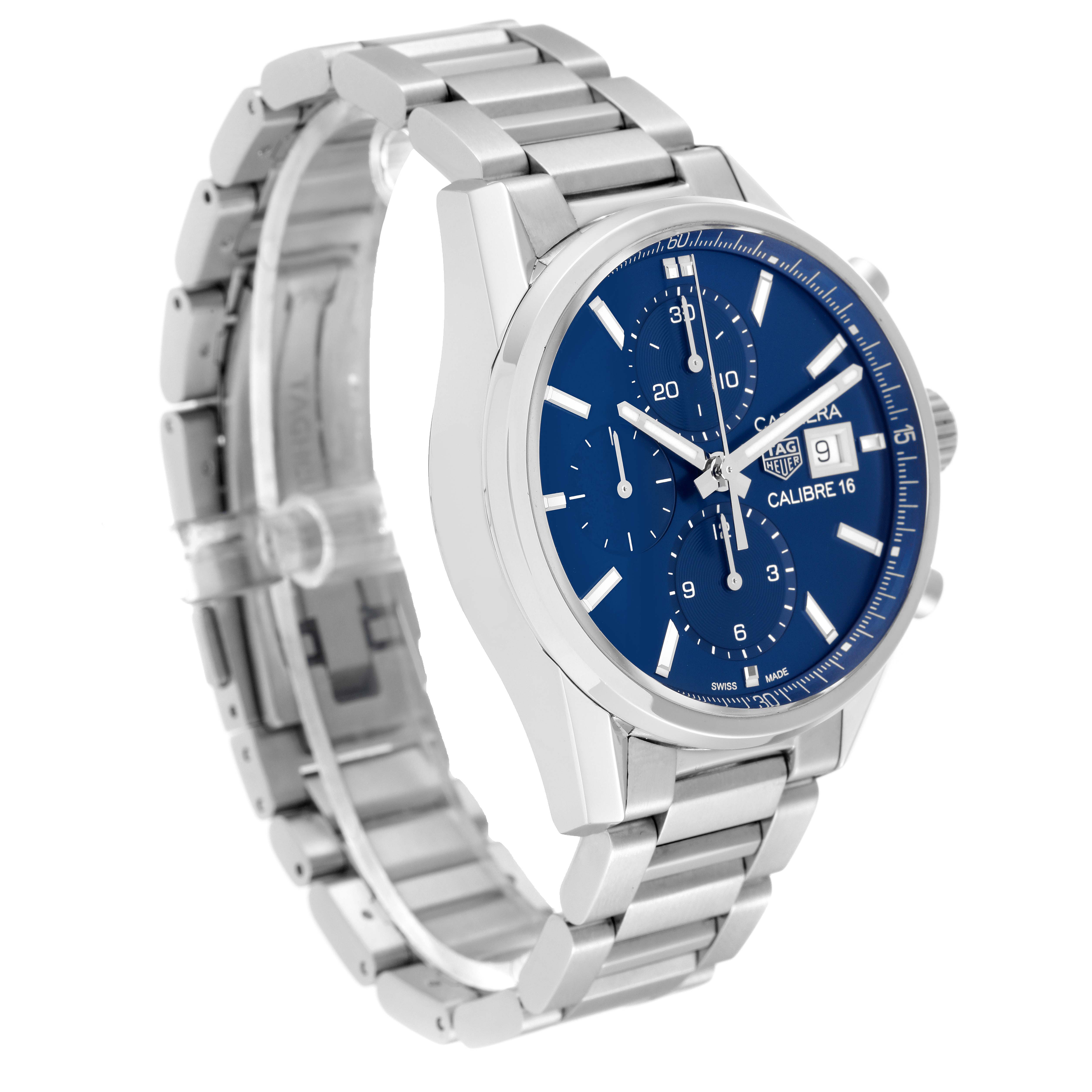 The image shows a side angle view of a Tag Heuer Carrera CBK2112.BA0715 Men's Stainless Steel Blue Dial CBK2112.BA0715 Men's Stainless Steel Blue Dial watch with a blue dial and metal bracelet.
