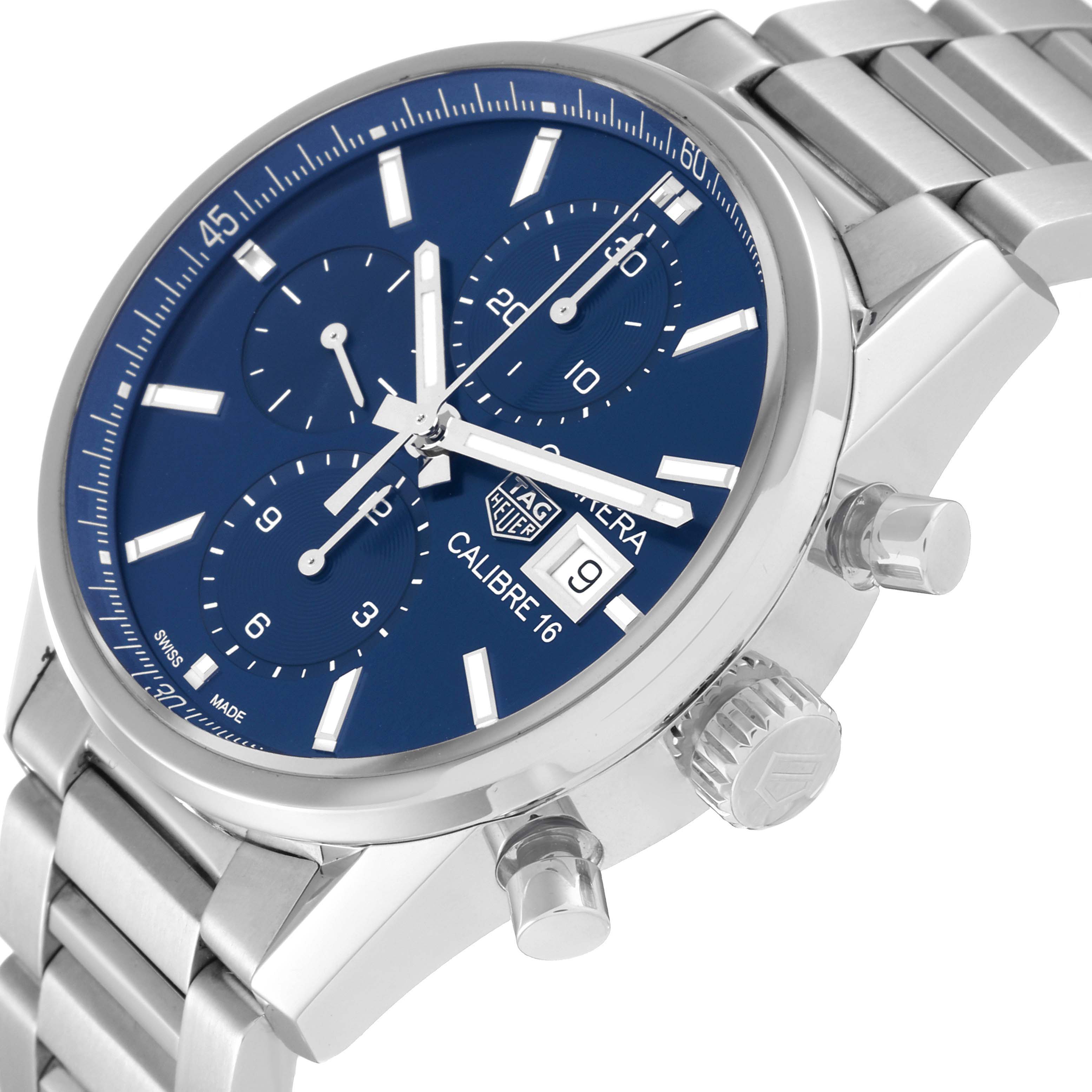 The image shows a Tag Heuer Carrera CBK2112.BA0715 Men's Stainless Steel Blue Dial CBK2112.BA0715 Men's Stainless Steel Blue Dial watch, angled slightly from the side, displaying the face, crown, pushers, and part of the bracelet.