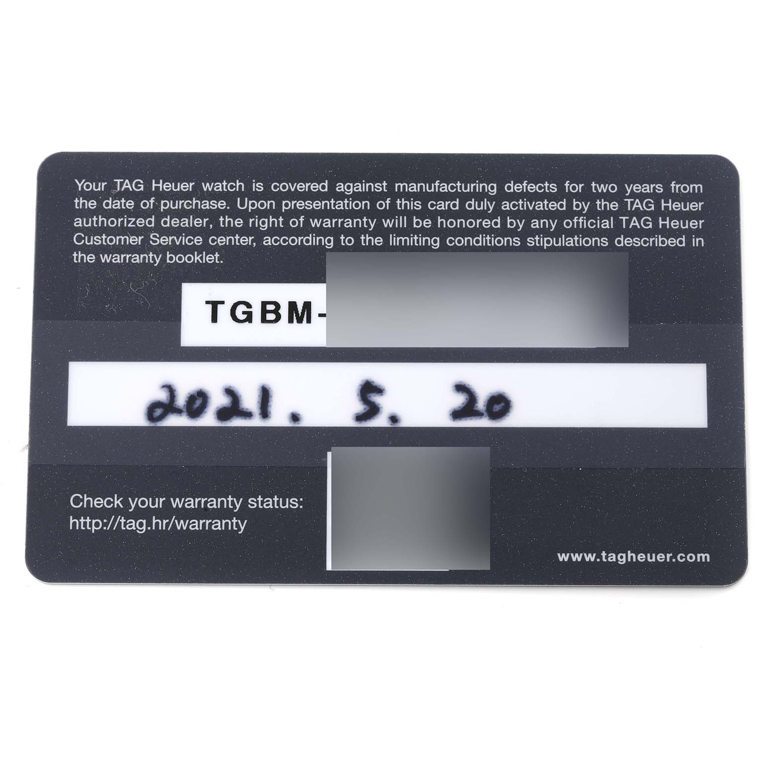 This image shows the warranty card for a Tag Heuer Carrera CBK2112.BA0715 Men's Stainless Steel Blue Dial CBK2112.BA0715 Men's Stainless Steel Blue Dial model watch.