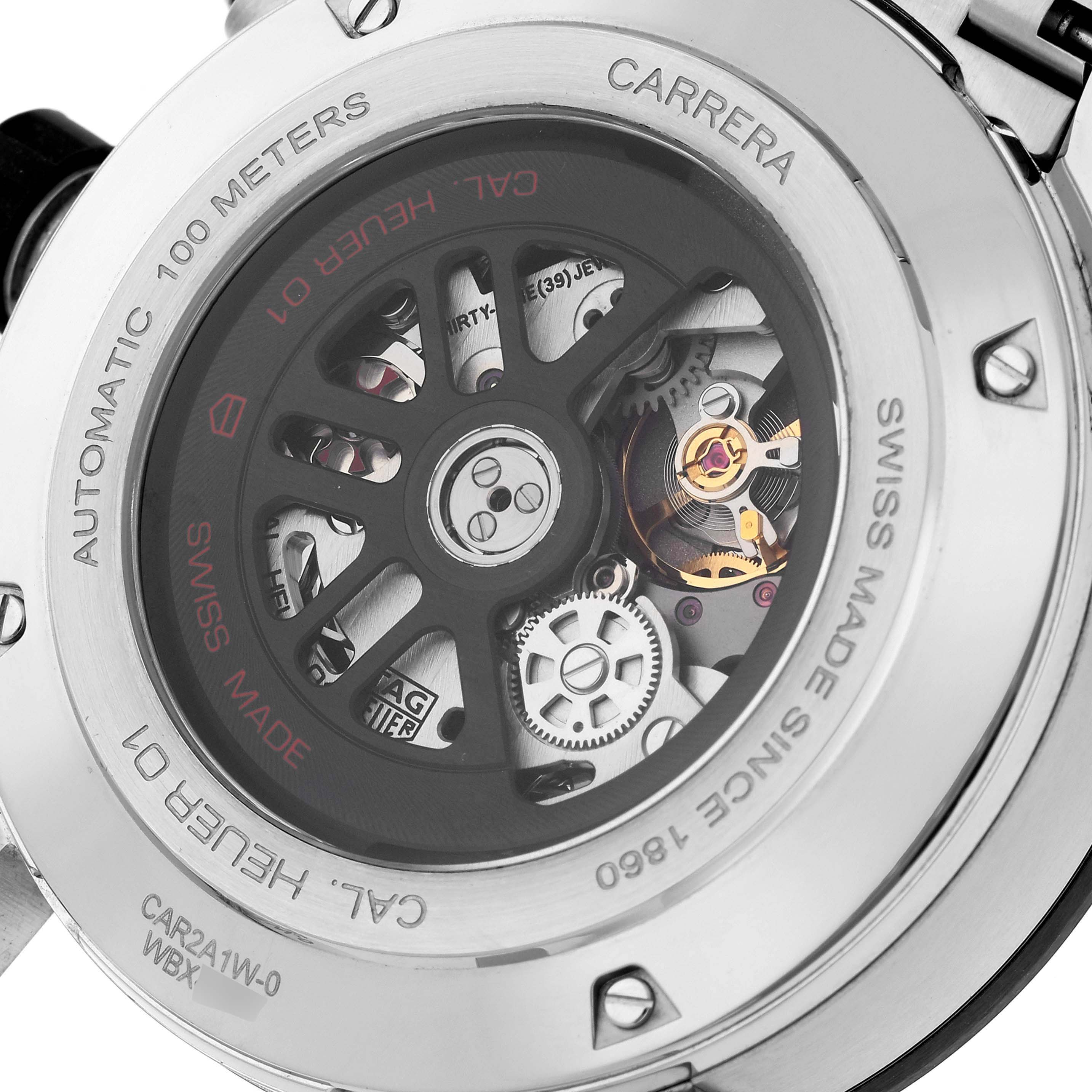 This image shows the back view of a Tag Heuer Carrera CAR2A1W.BA0703 Men's Stainless Steel Black Dial CAR2A1W.BA0703 Men's Stainless Steel Black Dial watch, highlighting its automatic movement and intricate internal gears.