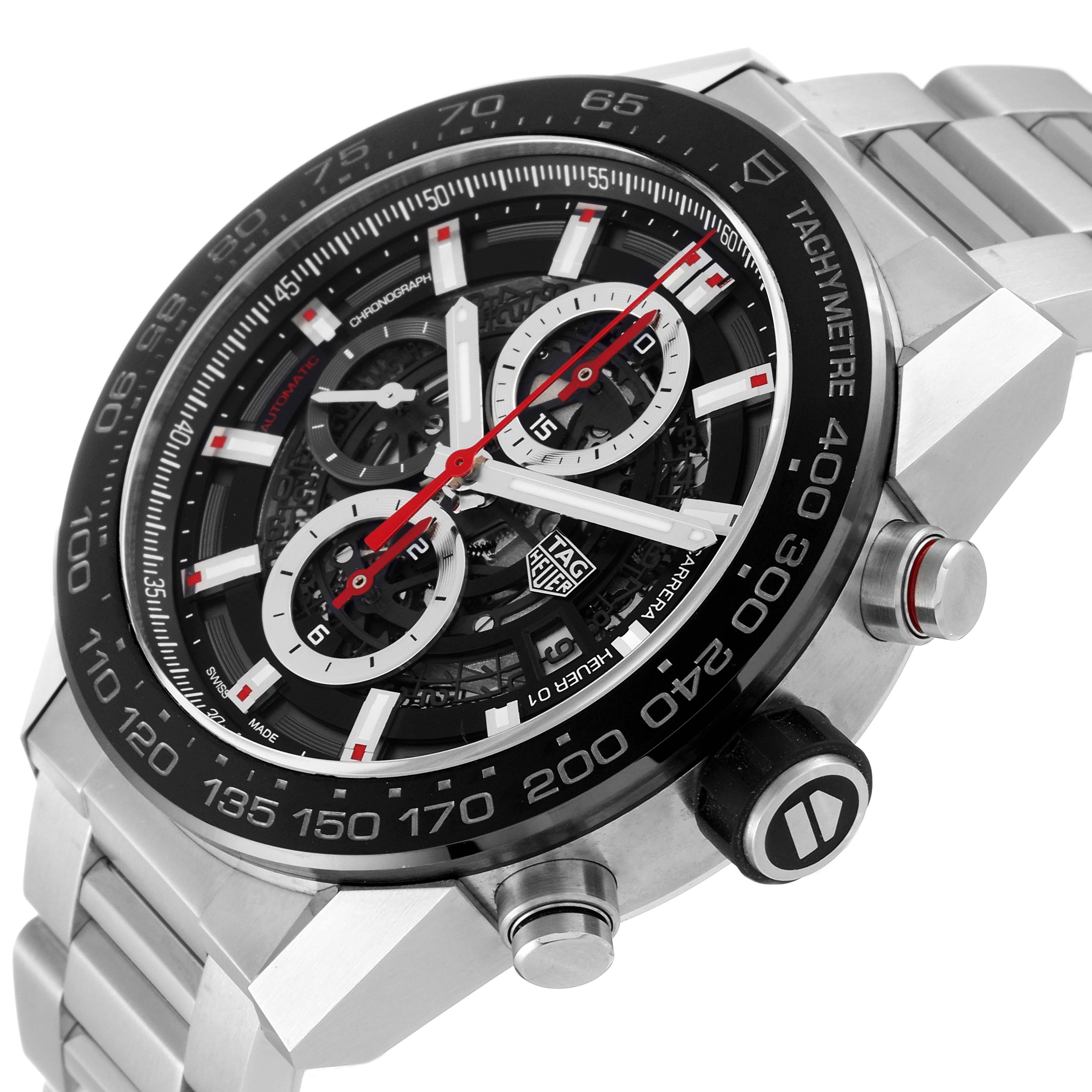 This image shows a close-up side angle of the Tag Heuer Carrera CAR2A1W.BA0703 Men's Stainless Steel Black Dial CAR2A1W.BA0703 Men's Stainless Steel Black Dial watch, highlighting its bezel, dial, and part of the strap.