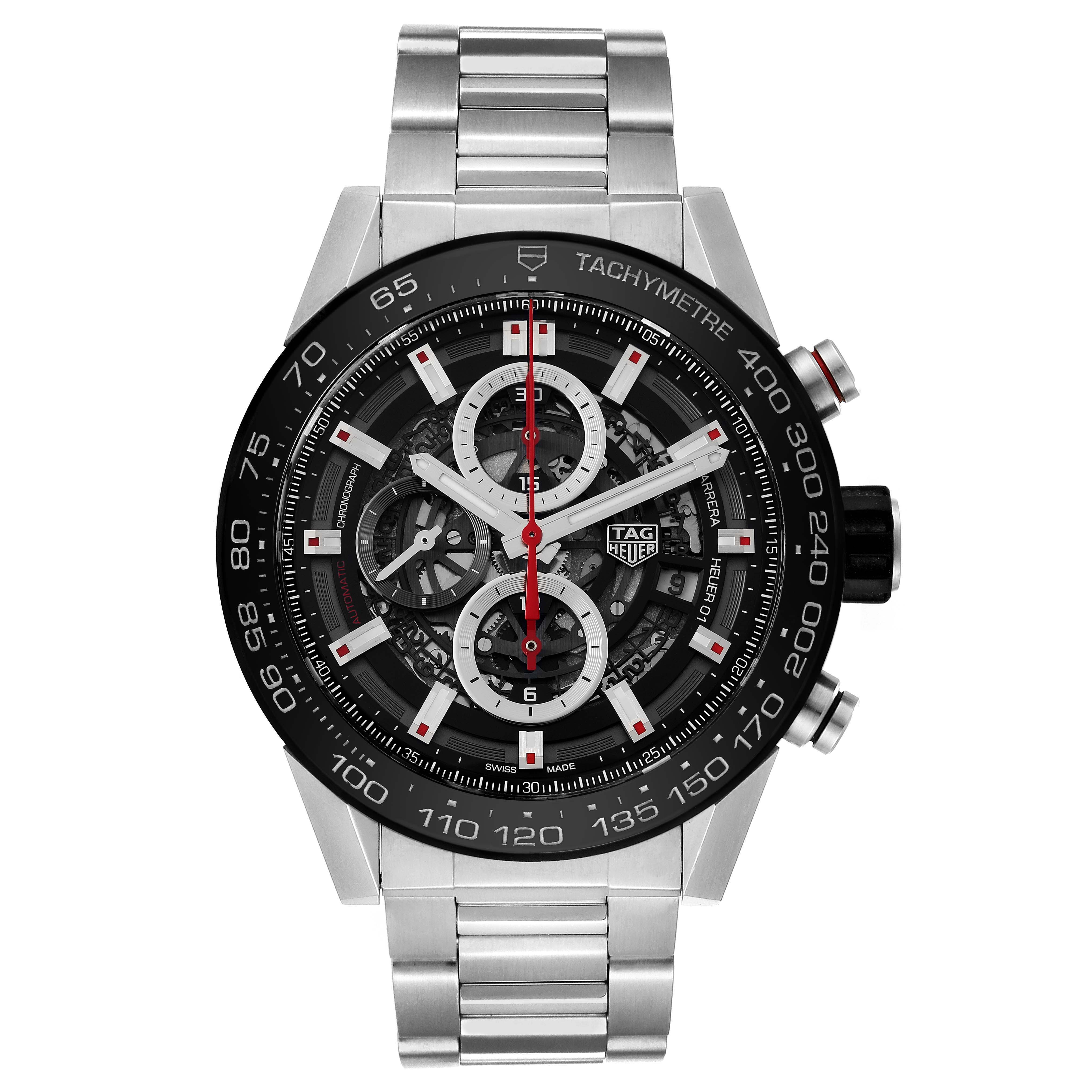 The image shows a front view of the Tag Heuer Carrera CAR2A1W.BA0703 Men's Stainless Steel Black Dial CAR2A1W.BA0703 Men's Stainless Steel Black Dial model watch, highlighting its tachymeter bezel, dial, and metal bracelet.