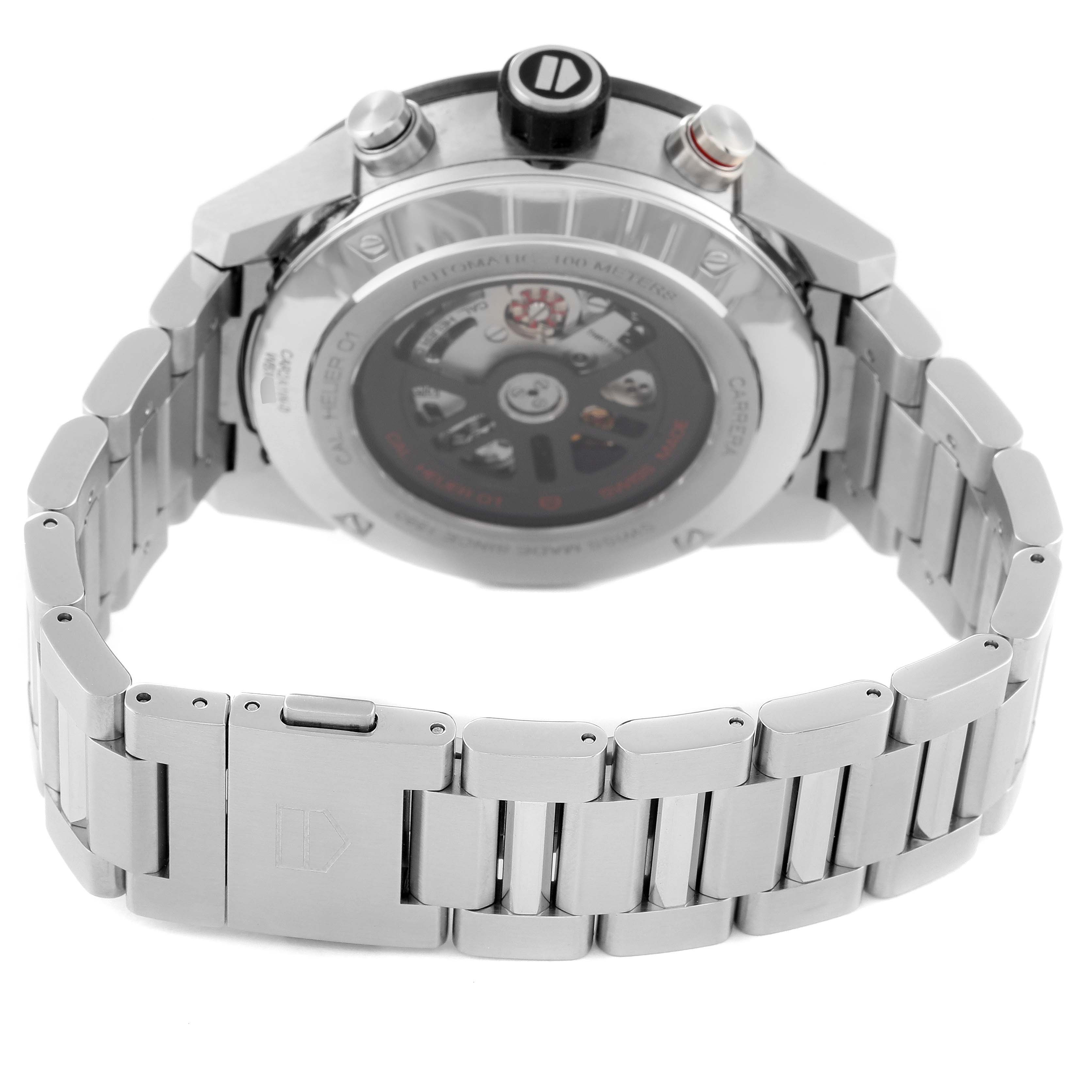 The image shows the back view of a Tag Heuer Carrera CAR2A1W.BA0703 Men's Stainless Steel Black Dial CAR2A1W.BA0703 Men's Stainless Steel Black Dial model watch, highlighting the metal bracelet and caseback.