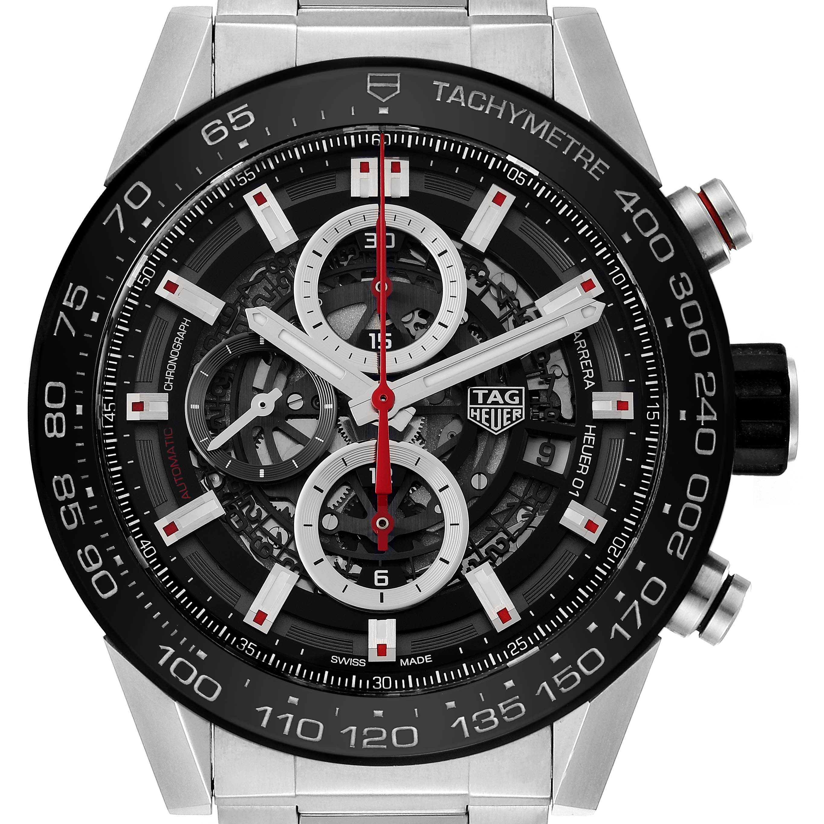 The image shows a front view of the Tag Heuer Carrera CAR2A1W.BA0703 Men's Stainless Steel Black Dial CAR2A1W.BA0703 Men's Stainless Steel Black Dial watch with visible chronograph dials and tachymeter bezel.