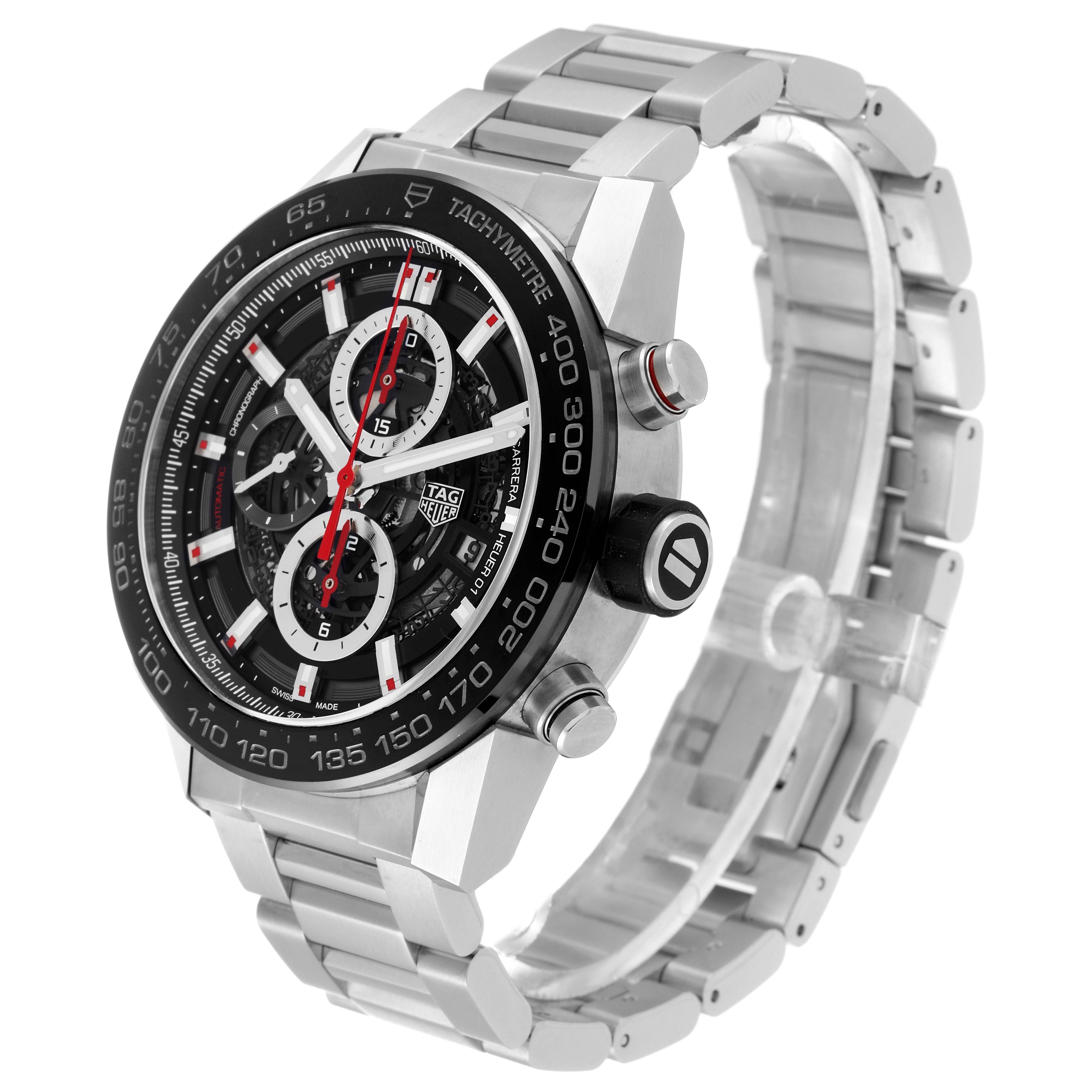 The image shows a Tag Heuer Carrera CAR2A1W.BA0703 Men's Stainless Steel Black Dial CAR2A1W.BA0703 Men's Stainless Steel Black Dial watch at an angle highlighting its face, bezel, crown, push buttons, and metal bracelet.