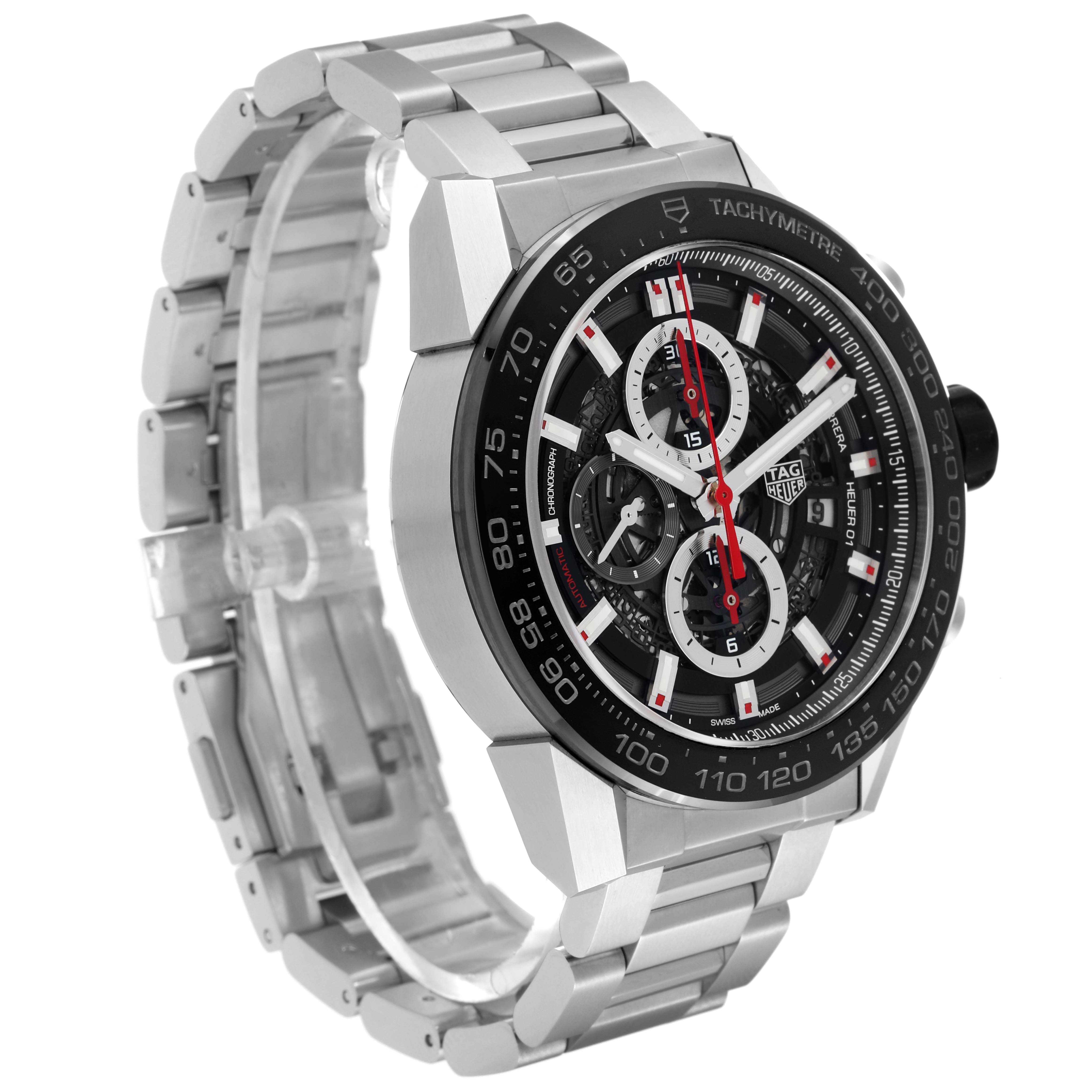 The image displays a Tag Heuer Carrera CAR2A1W.BA0703 Men's Stainless Steel Black Dial CAR2A1W.BA0703 Men's Stainless Steel Black Dial watch from a front-side angle, showing its dial, tachymeter bezel, and stainless steel bracelet.