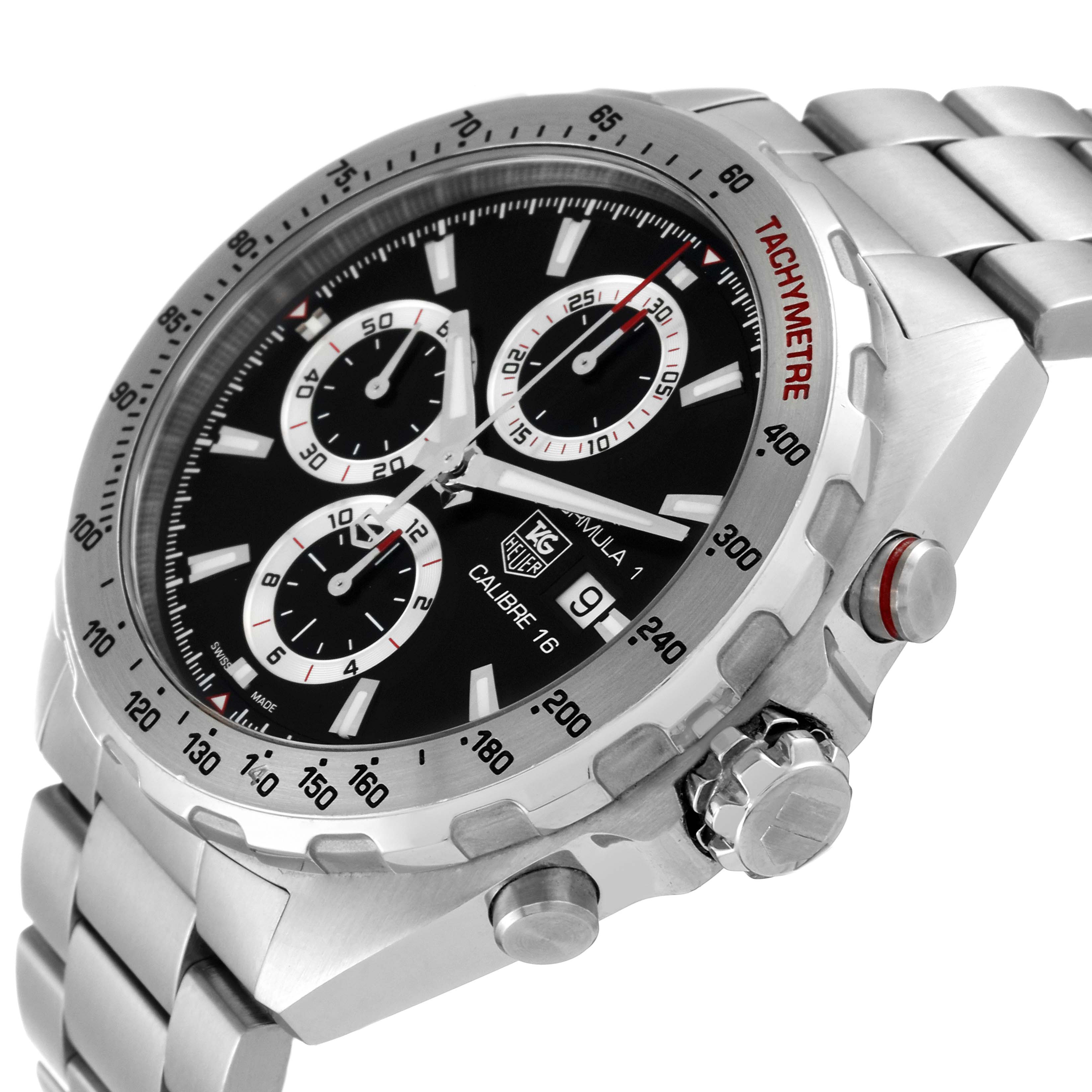 The Tag Heuer Formula 1 CAZ2010.BA0876 Men's Stainless Steel Black Dial CAZ2010.BA0876 Men's Stainless Steel Black Dial watch is shown at a three-quarter angle, highlighting the bezel, chronograph dials, and metal bracelet.