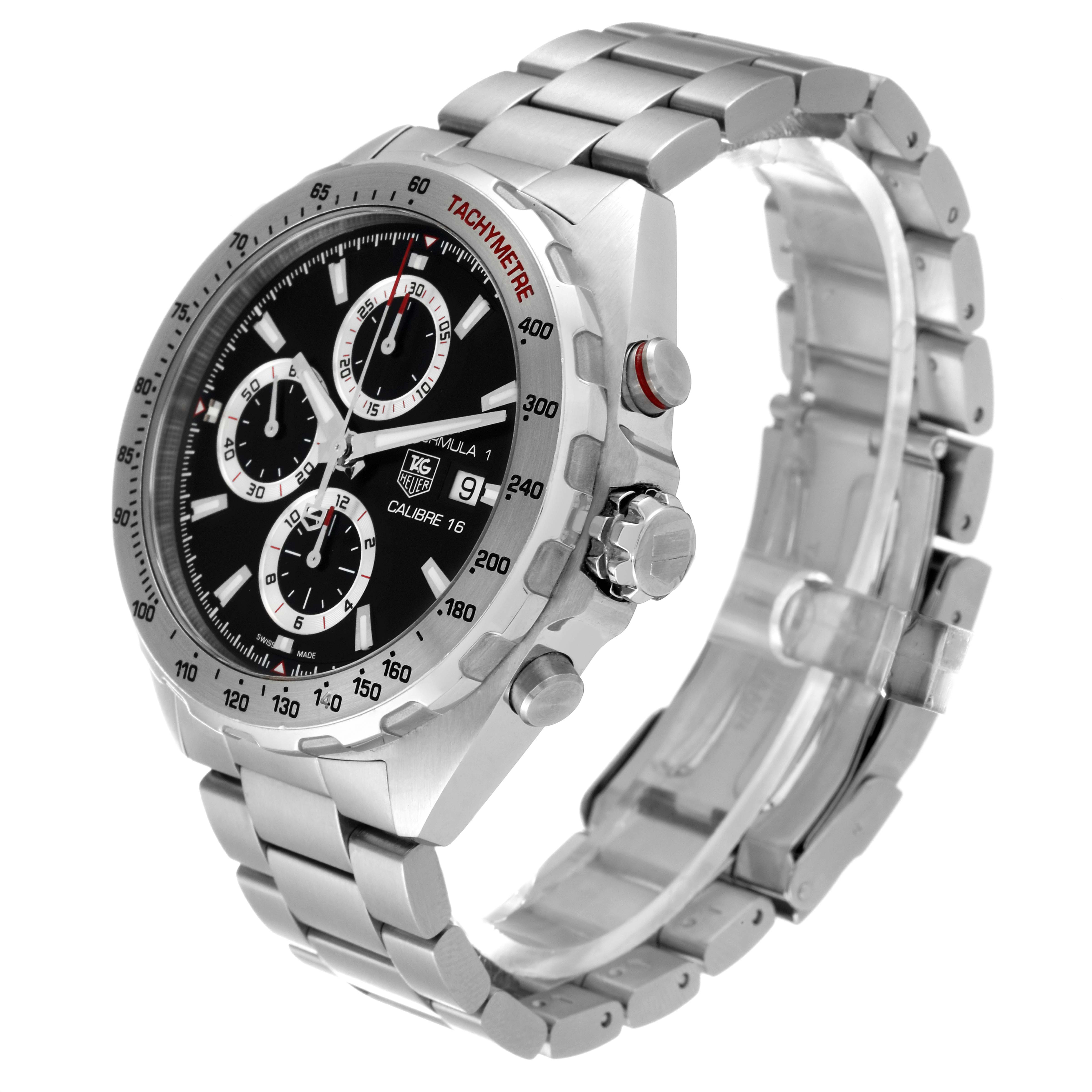 The image shows a Tag Heuer Formula 1 CAZ2010.BA0876 Men's Stainless Steel Black Dial CAZ2010.BA0876 Men's Stainless Steel Black Dial watch from a front-left angle, highlighting the dial, bezel, stainless steel bracelet, crown, and pushers.