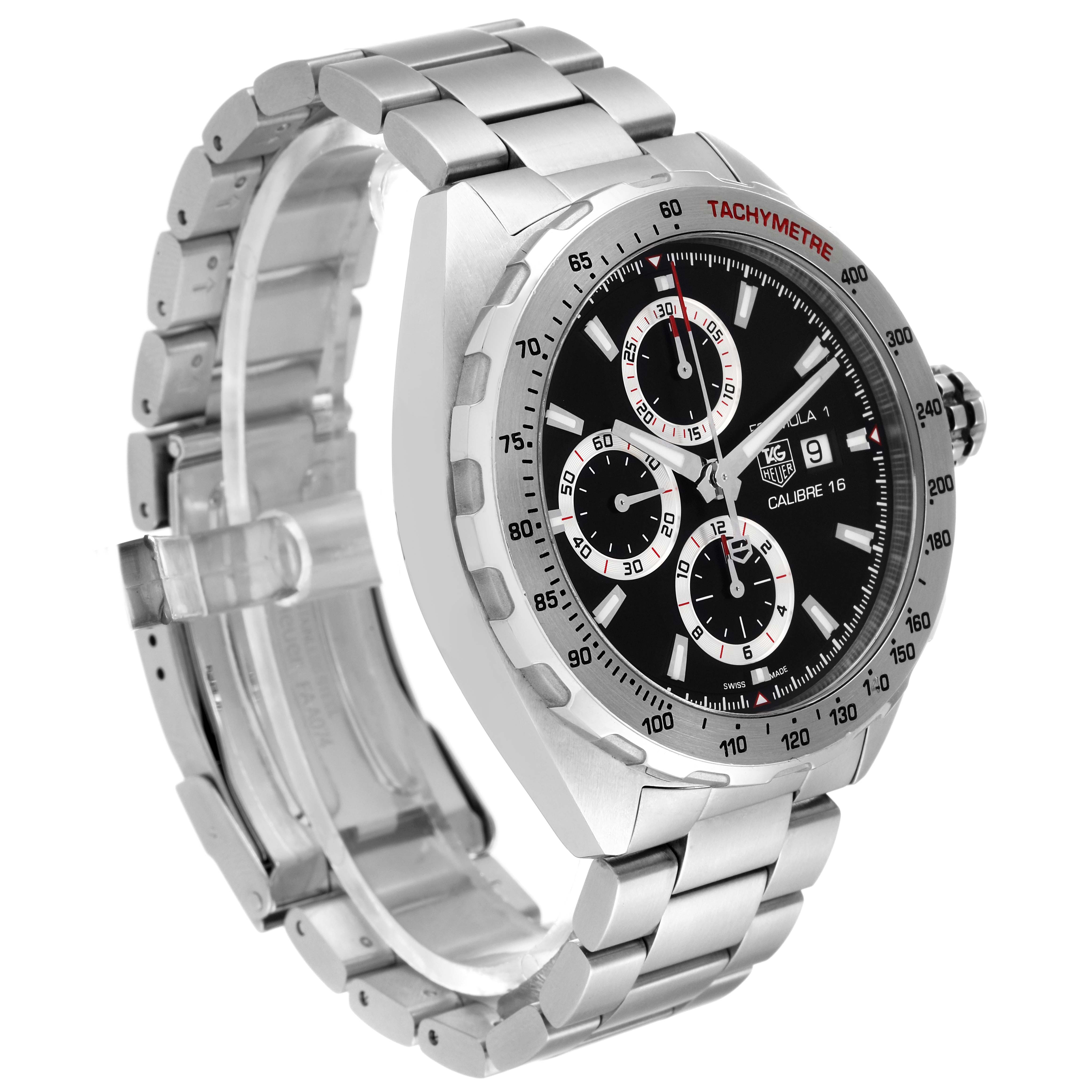 The Tag Heuer Formula 1 CAZ2010.BA0876 Men's Stainless Steel Black Dial CAZ2010.BA0876 Men's Stainless Steel Black Dial watch is shown at a slight angle, displaying its stainless steel band, bezel, and chronograph dial.