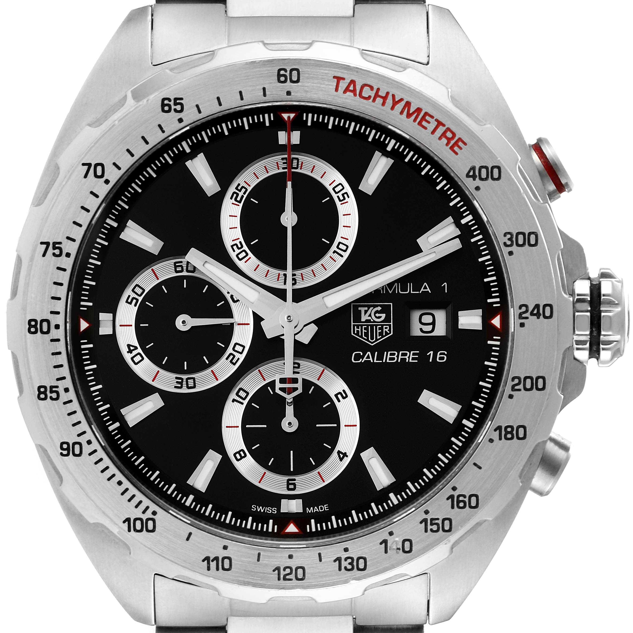 The image shows a front view of the Tag Heuer Formula 1 CAZ2010.BA0876 Men's Stainless Steel Black Dial CAZ2010.BA0876 Men's Stainless Steel Black Dial watch, highlighting the dial, chronograph subdials, and bezel with tachymeter markings.
