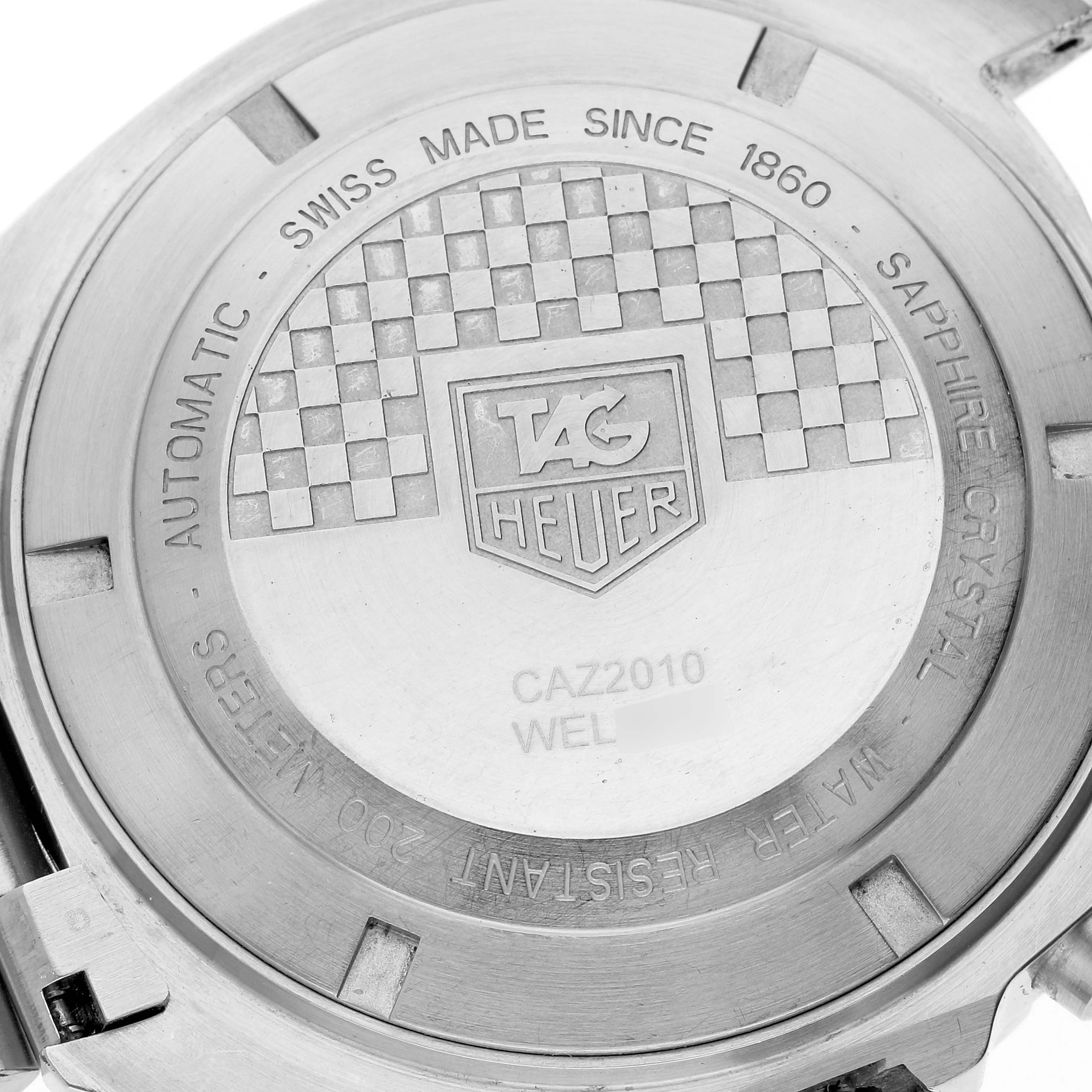 The image shows the back case of a Tag Heuer Formula 1 CAZ2010.BA0876 Men's Stainless Steel Black Dial CAZ2010.BA0876 Men's Stainless Steel Black Dial model watch.