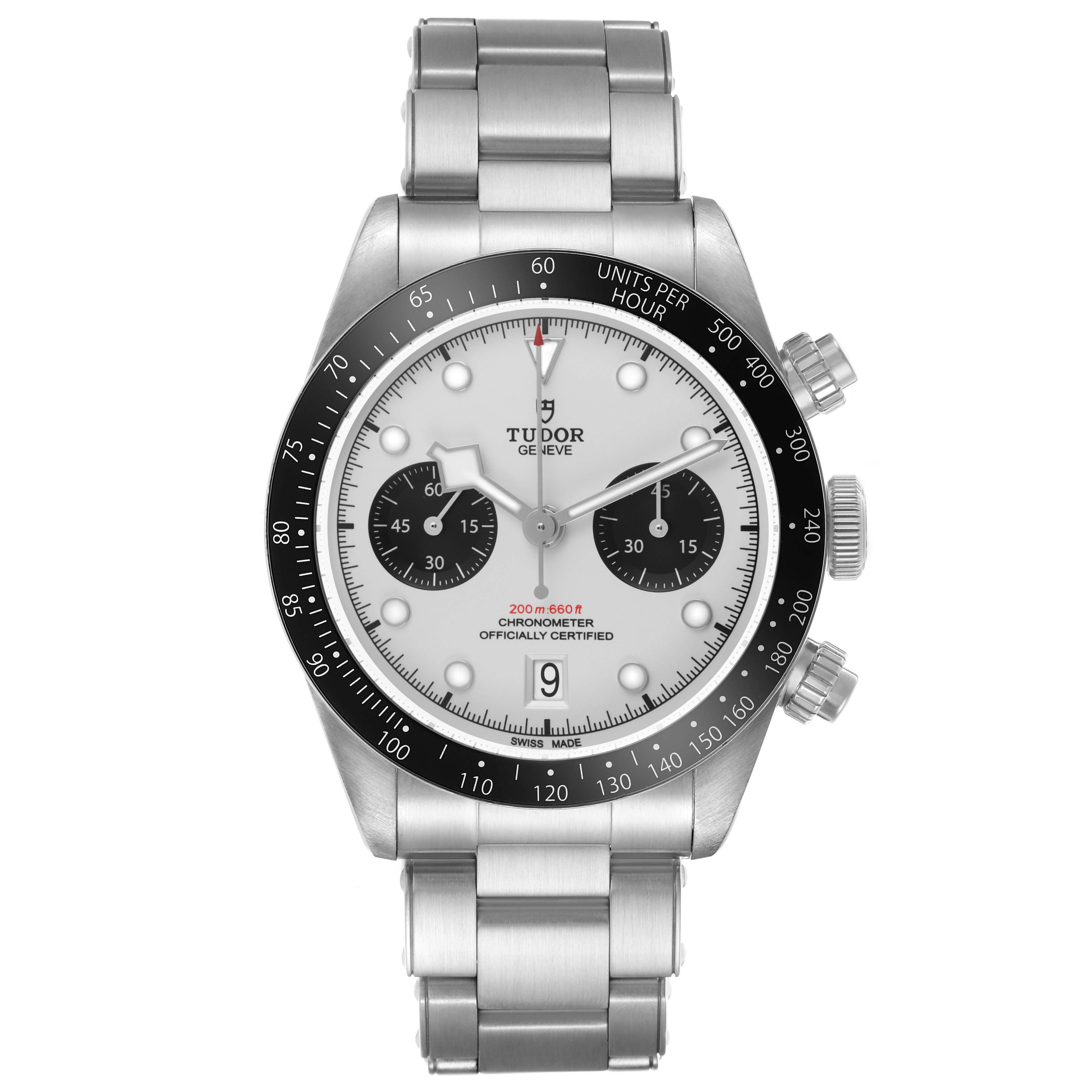 The Tudor Heritage Black Bay 79360 Men's Stainless Steel Silver Dial watch is shown from a front angle, highlighting the face, bezel, and bracelet.