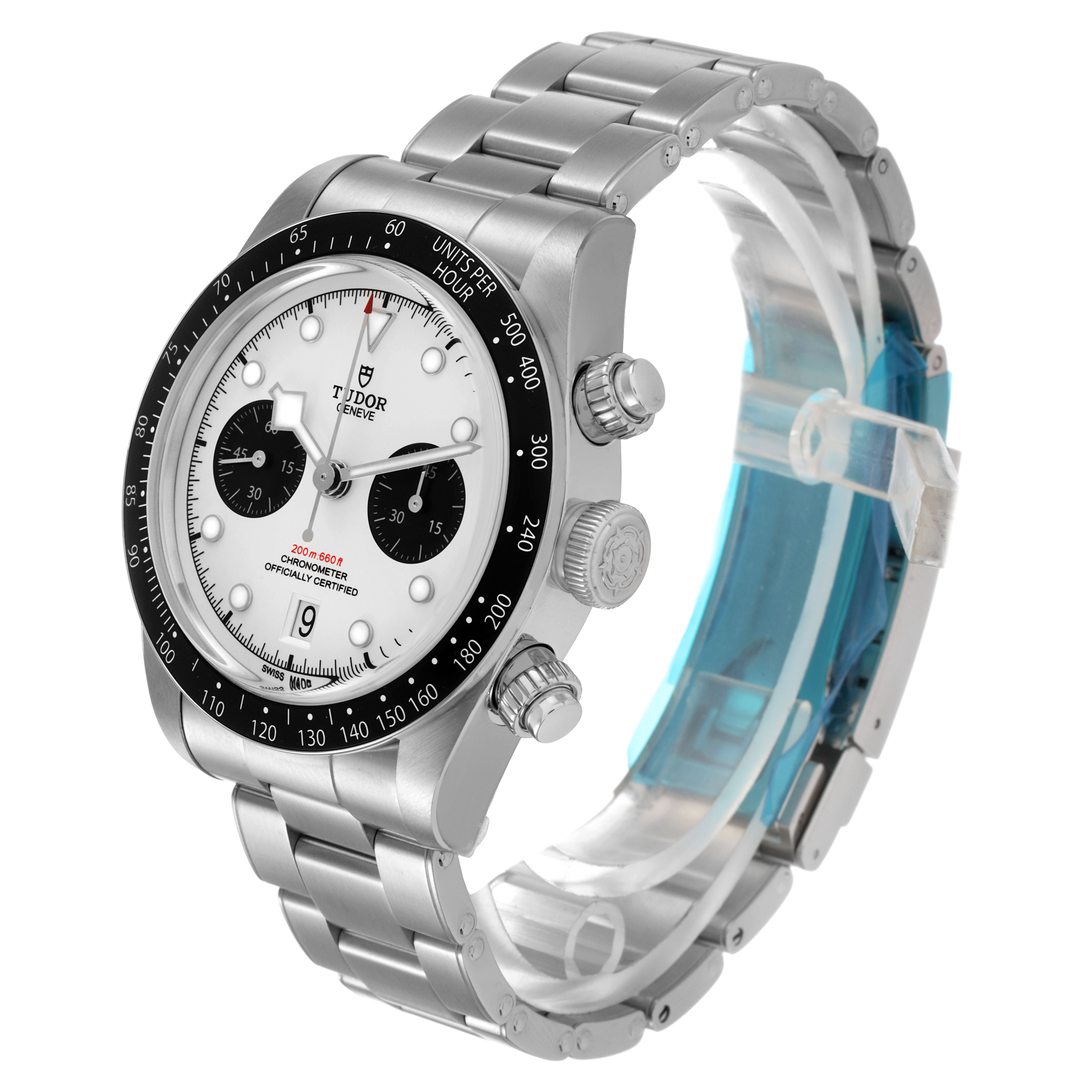The Tudor Heritage Black Bay 79360 Men's Stainless Steel Silver Dial watch is shown at an angled side view, displaying the face, bezel, crown, pushers, and bracelet.