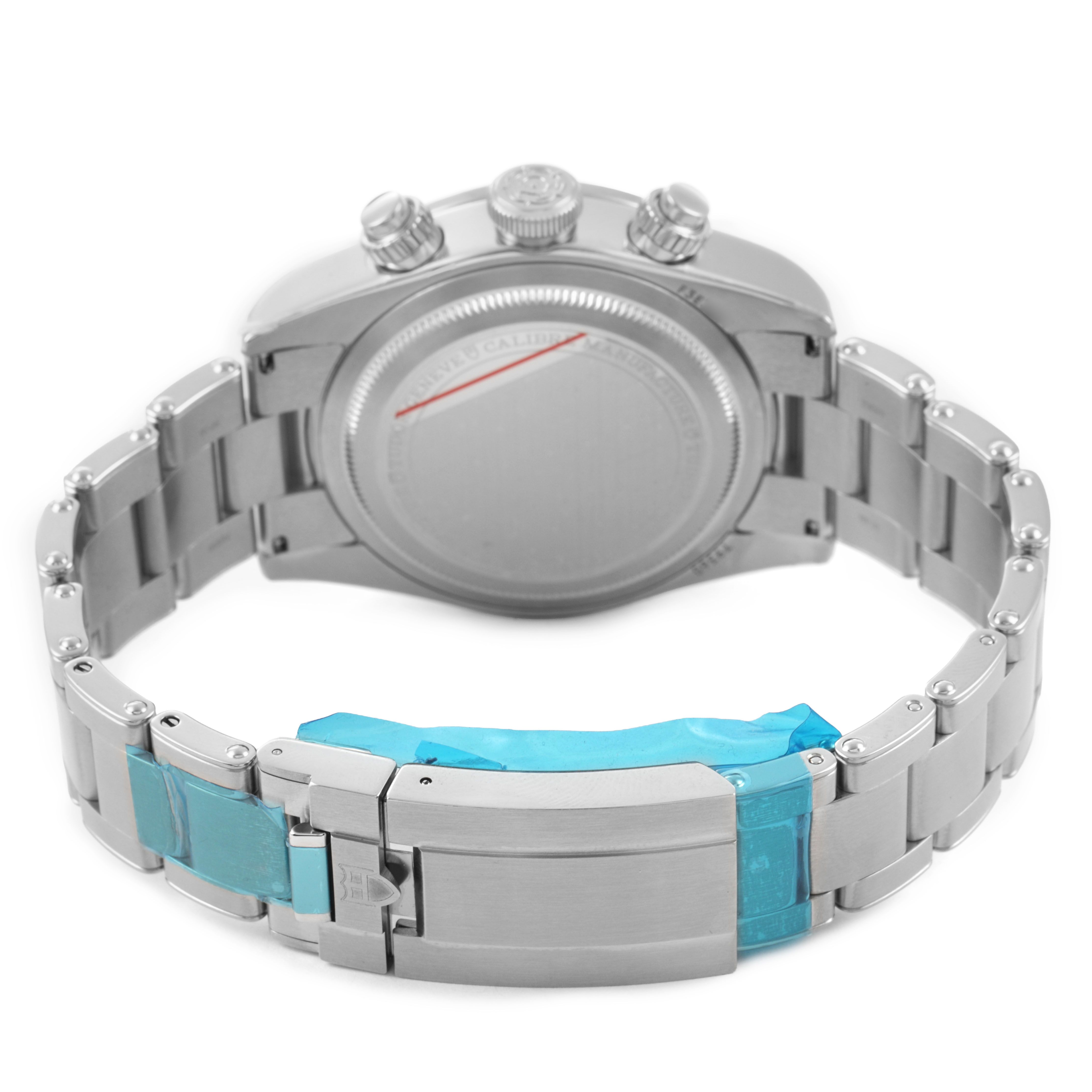 The image shows the back and bracelet of the Tudor Heritage Black Bay 79360 Men's Stainless Steel Silver Dial watch, featuring its clasp and links.