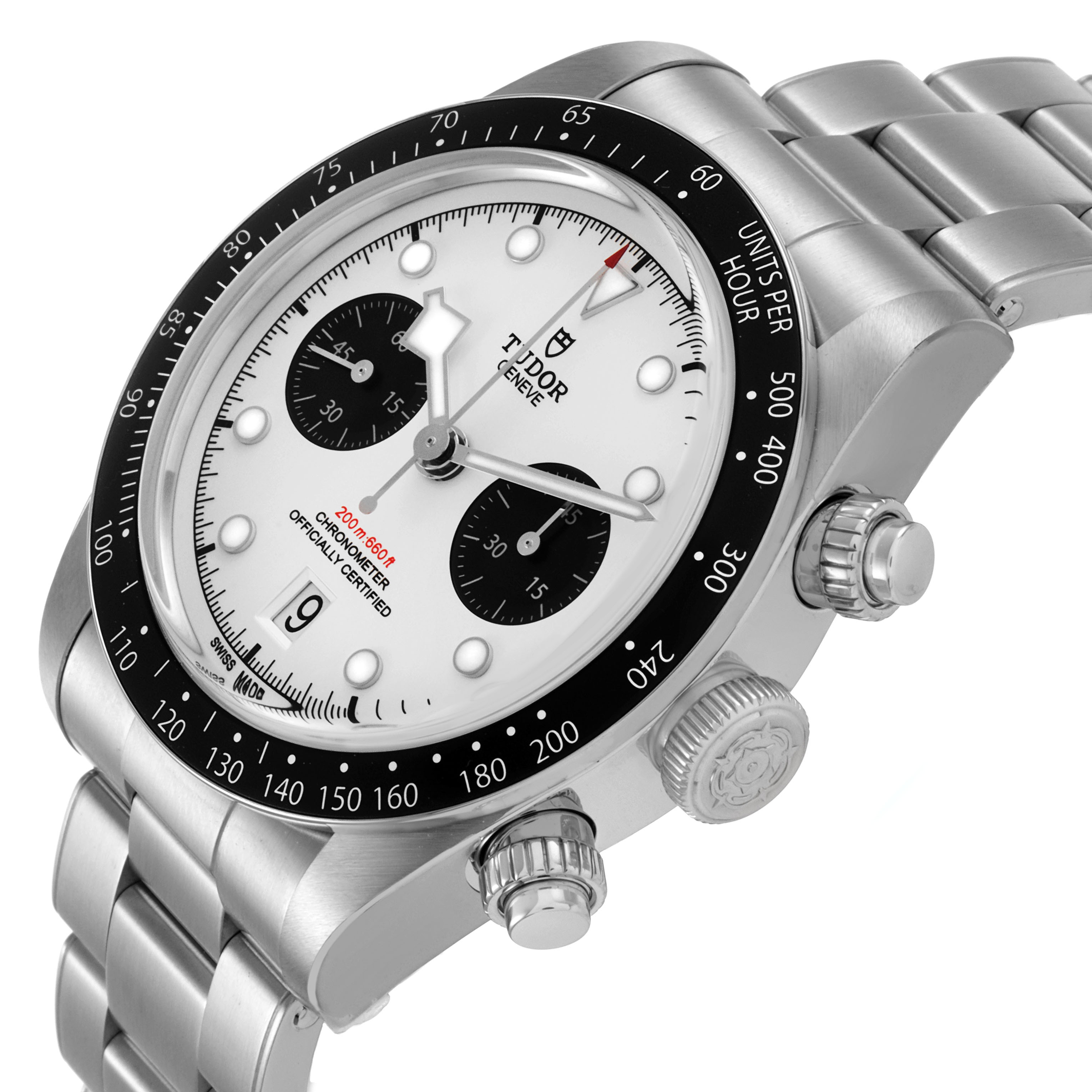 The Tudor Heritage Black Bay 79360 Men's Stainless Steel Silver Dial watch is shown at an angled side view, highlighting the dial, bezel, and crown.
