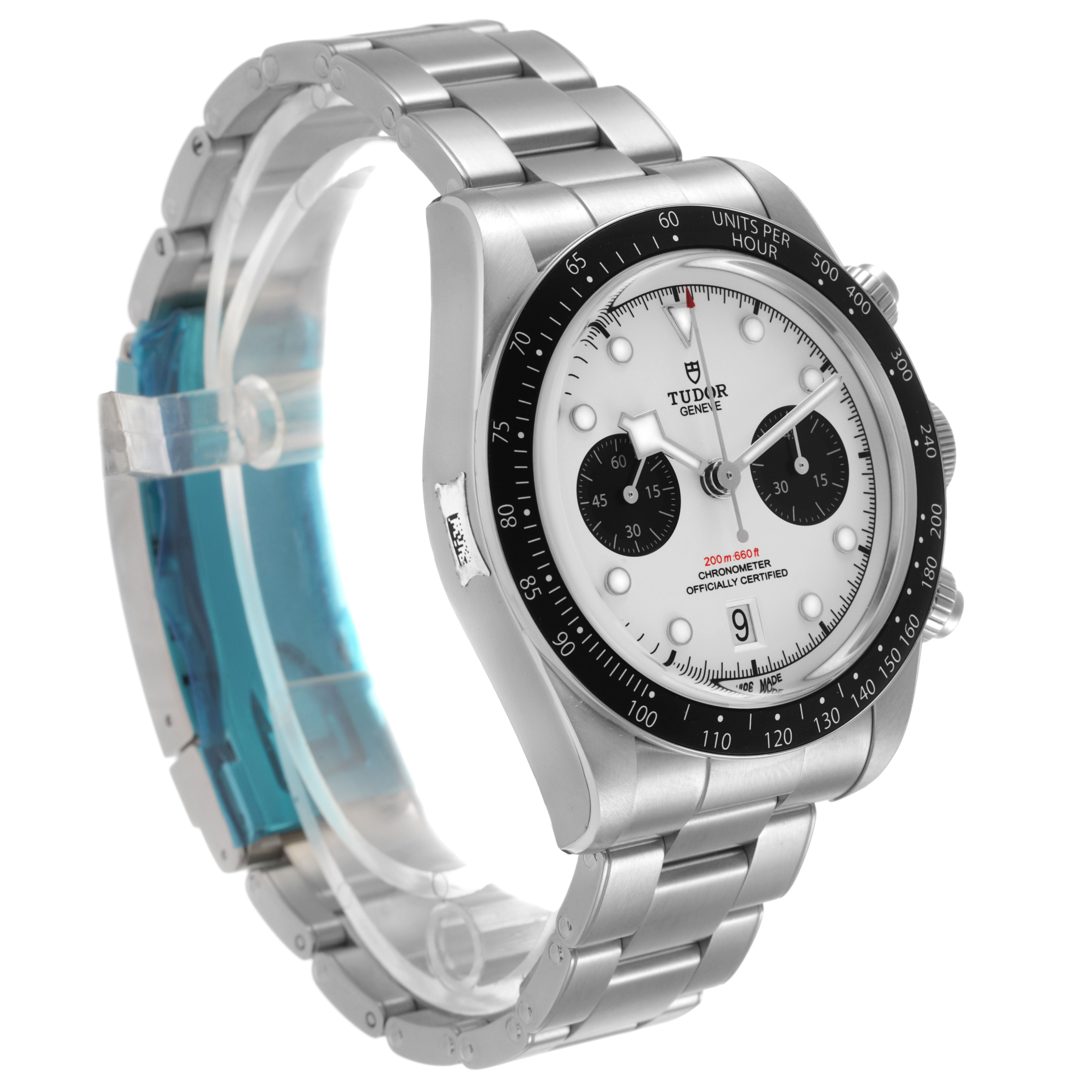 The Tudor Heritage Black Bay 79360 Men's Stainless Steel Silver Dial watch is shown from a three-quarter angle, highlighting the dial, bezel, and bracelet.