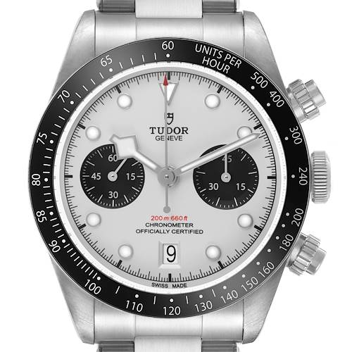 The Tudor Heritage Black Bay 79360 Men's Stainless Steel Silver Dial watch is shown from a front angle, displaying the dial, bezel, and chronograph pushers.