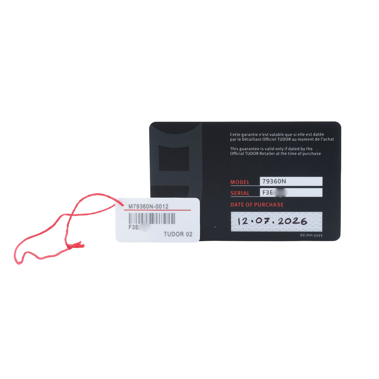 The image shows a warranty card and tag for a Tudor Heritage Black Bay 79360 Men's Stainless Steel Silver Dial watch, displaying the model number and purchase details.