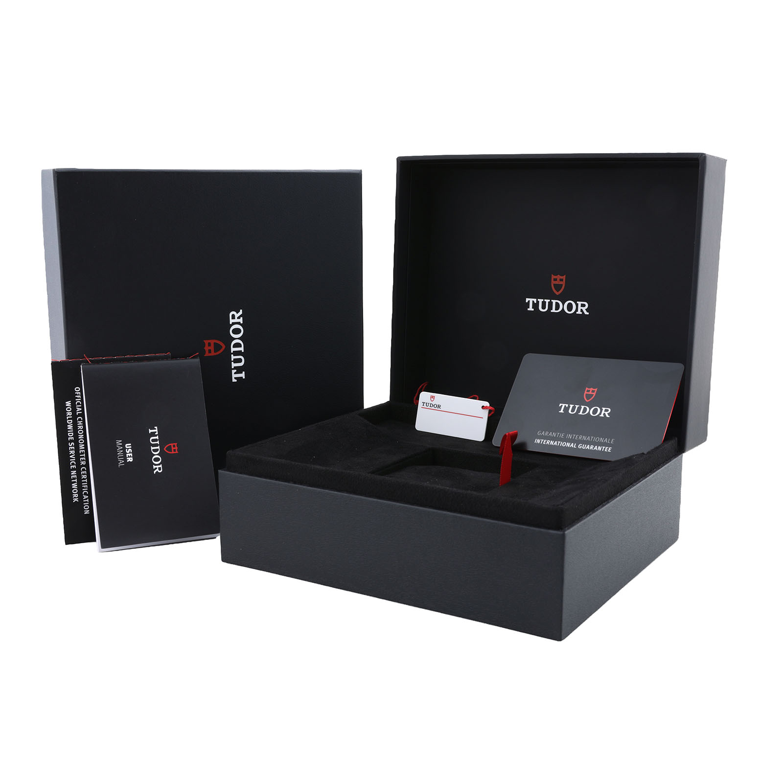 The image shows a Tudor Heritage Black Bay 79360 Men's Stainless Steel Silver Dial presentation box with manuals and a warranty card, viewed from the front.