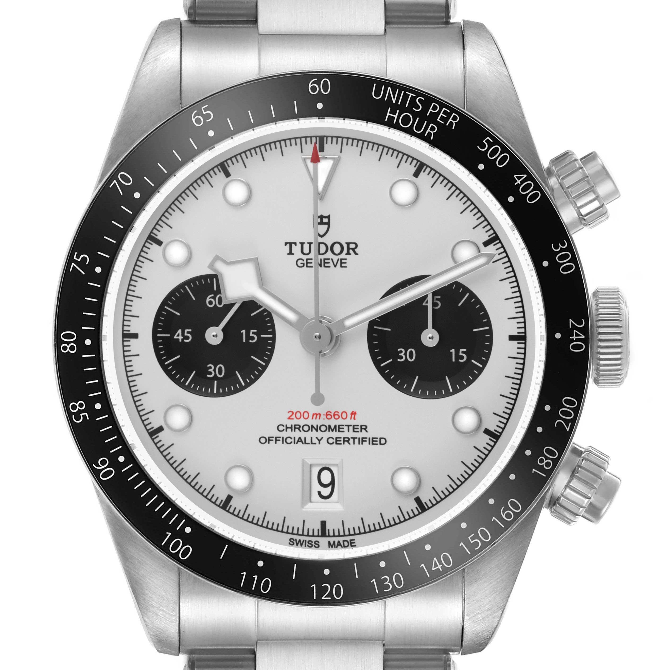 The image shows a front view of the Tudor Heritage Black Bay 79360 Men's Stainless Steel Silver Dial watch, highlighting the face, bezel, and crown.