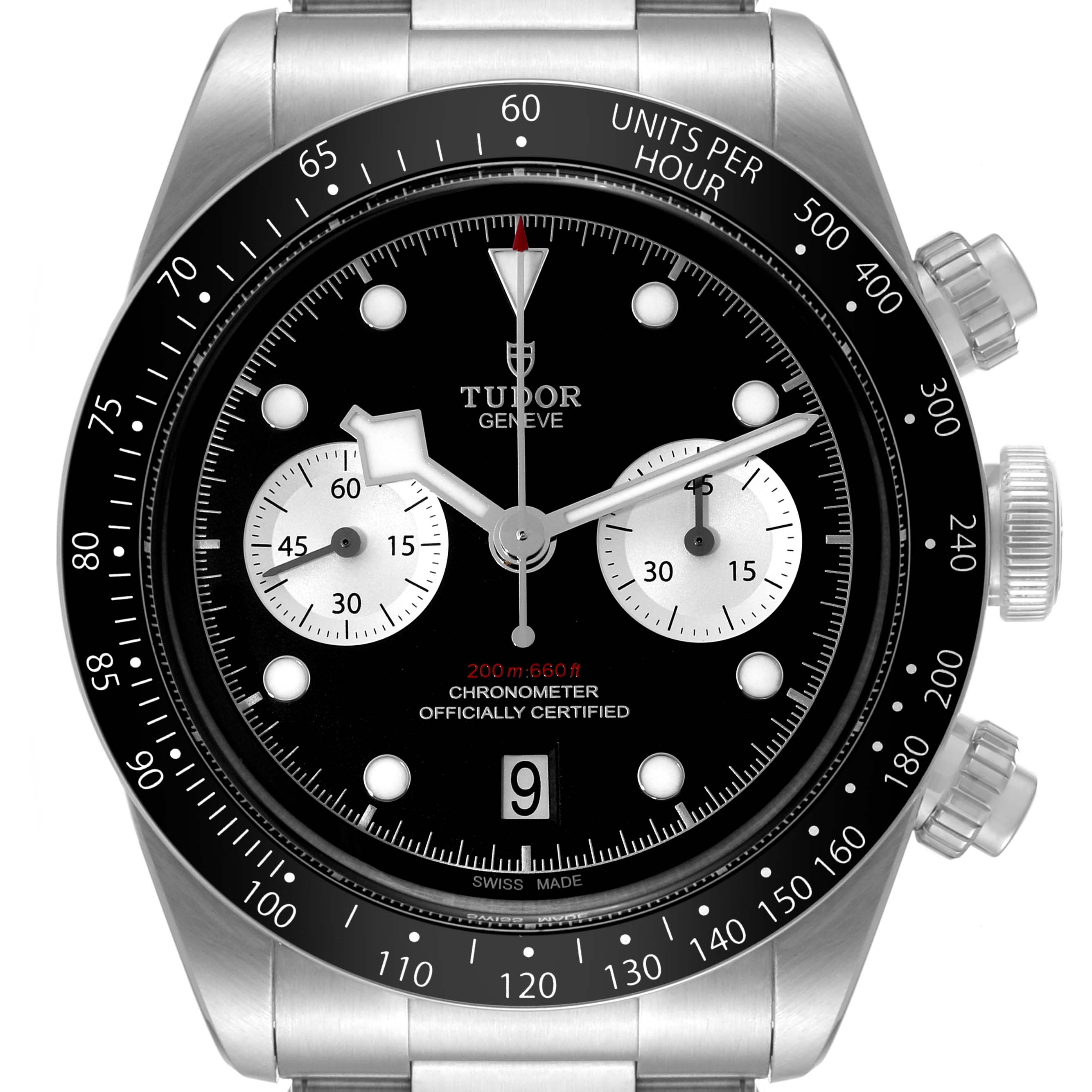The image shows a front view of the Tudor Heritage Black Bay 79360N-0001 Men
s Stainless Steel Black Dial 79360N-0001 Men
s Stainless Steel Black Dial watch, displaying the dial, bezel with tachymeter, and chronograph sub-dials.