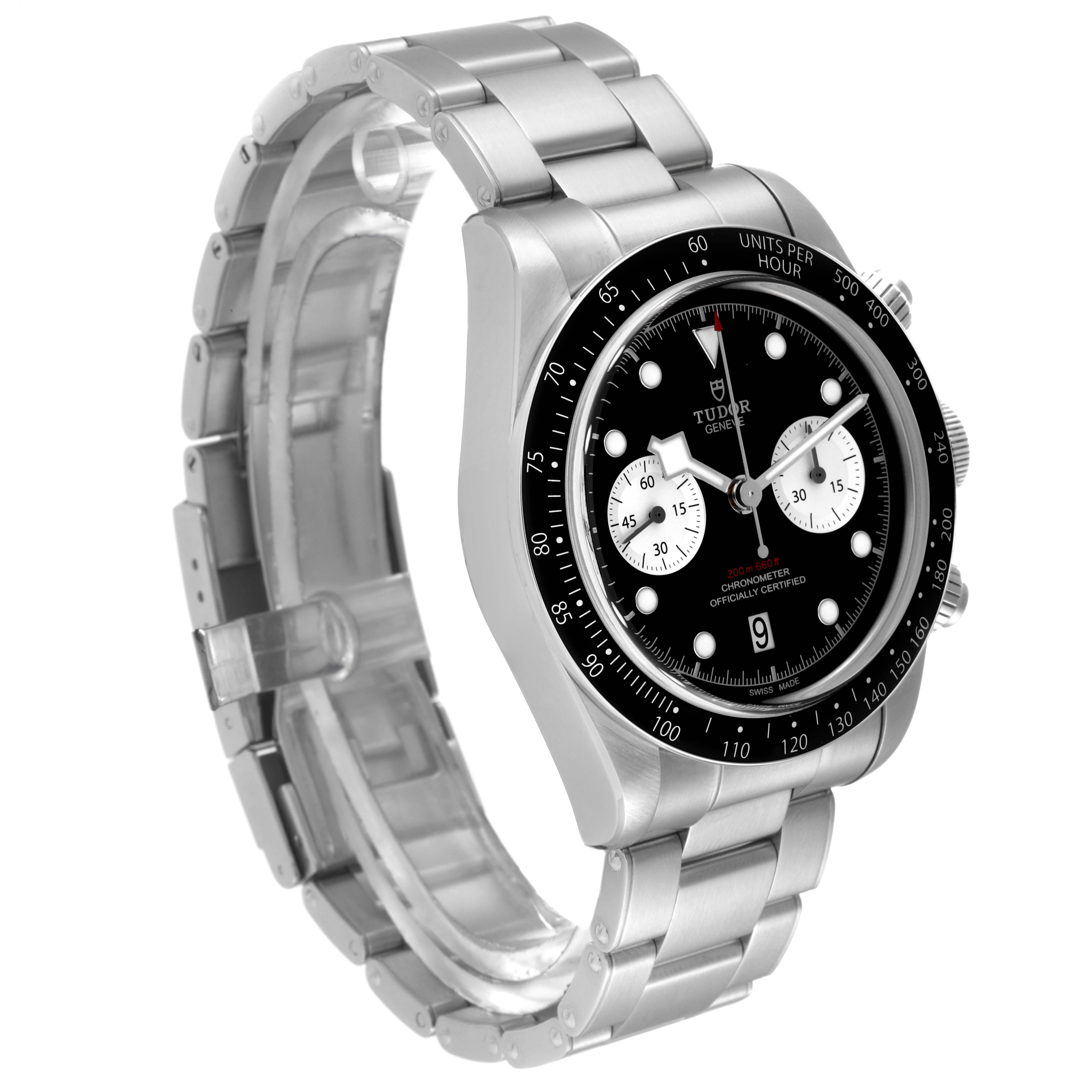 The Tudor Heritage Black Bay 79360N-0001 Men
s Stainless Steel Black Dial 79360N-0001 Men
s Stainless Steel Black Dial watch is shown from a front angle, displaying the dial, bezel, and metal bracelet.