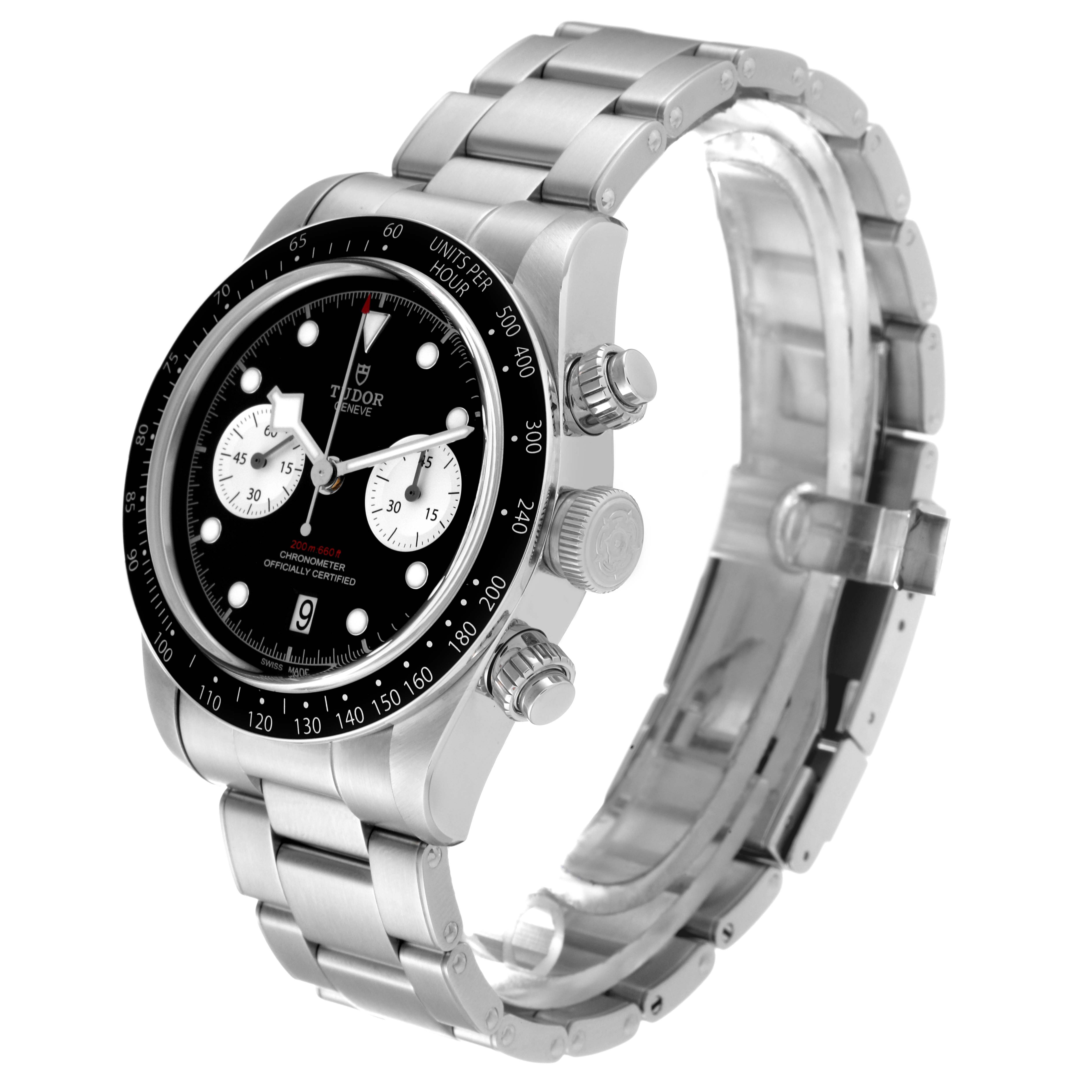 This image shows a Tudor Heritage Black Bay 79360N-0001 Men
s Stainless Steel Black Dial 79360N-0001 Men
s Stainless Steel Black Dial watch at a three-quarter angle, highlighting its stainless steel bracelet and dial.