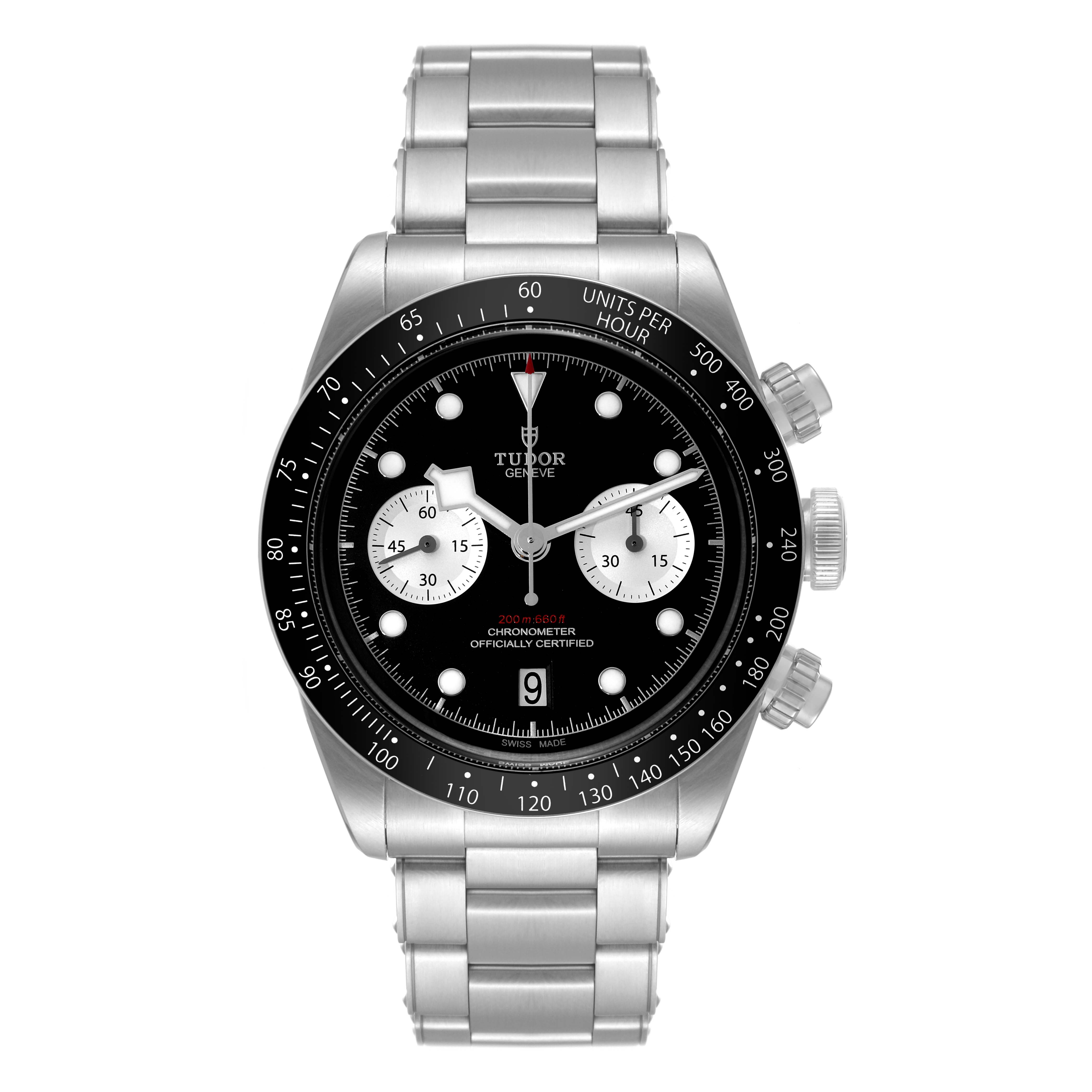 Front view of the Tudor Heritage Black Bay 79360N-0001 Men
s Stainless Steel Black Dial 79360N-0001 Men
s Stainless Steel Black Dial watch showing the dial, bezel, and bracelet.