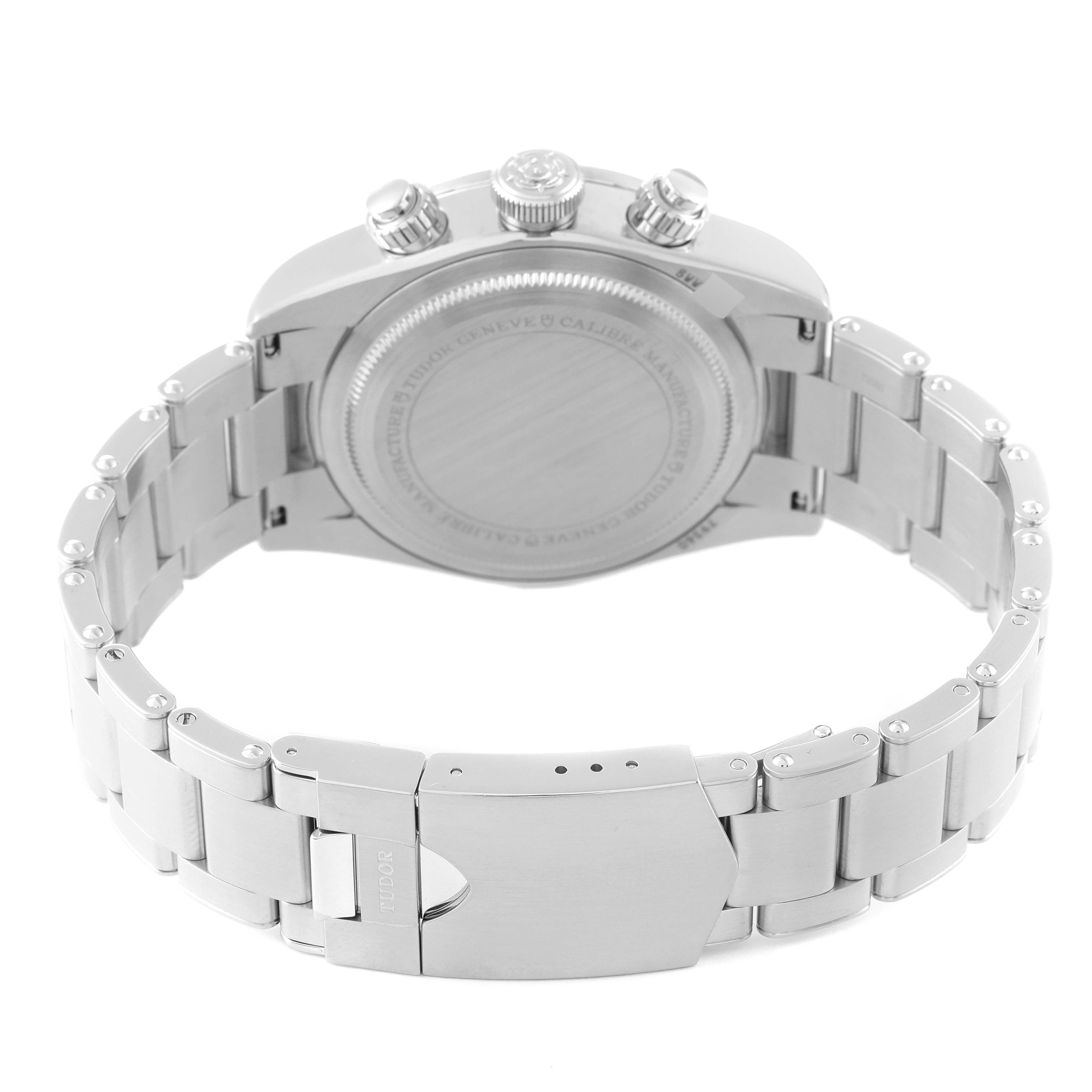 The image shows the back of the Tudor Heritage Black Bay 79360N-0001 Men
s Stainless Steel Black Dial 79360N-0001 Men
s Stainless Steel Black Dial watch, displaying the case back, bracelet, and clasp.