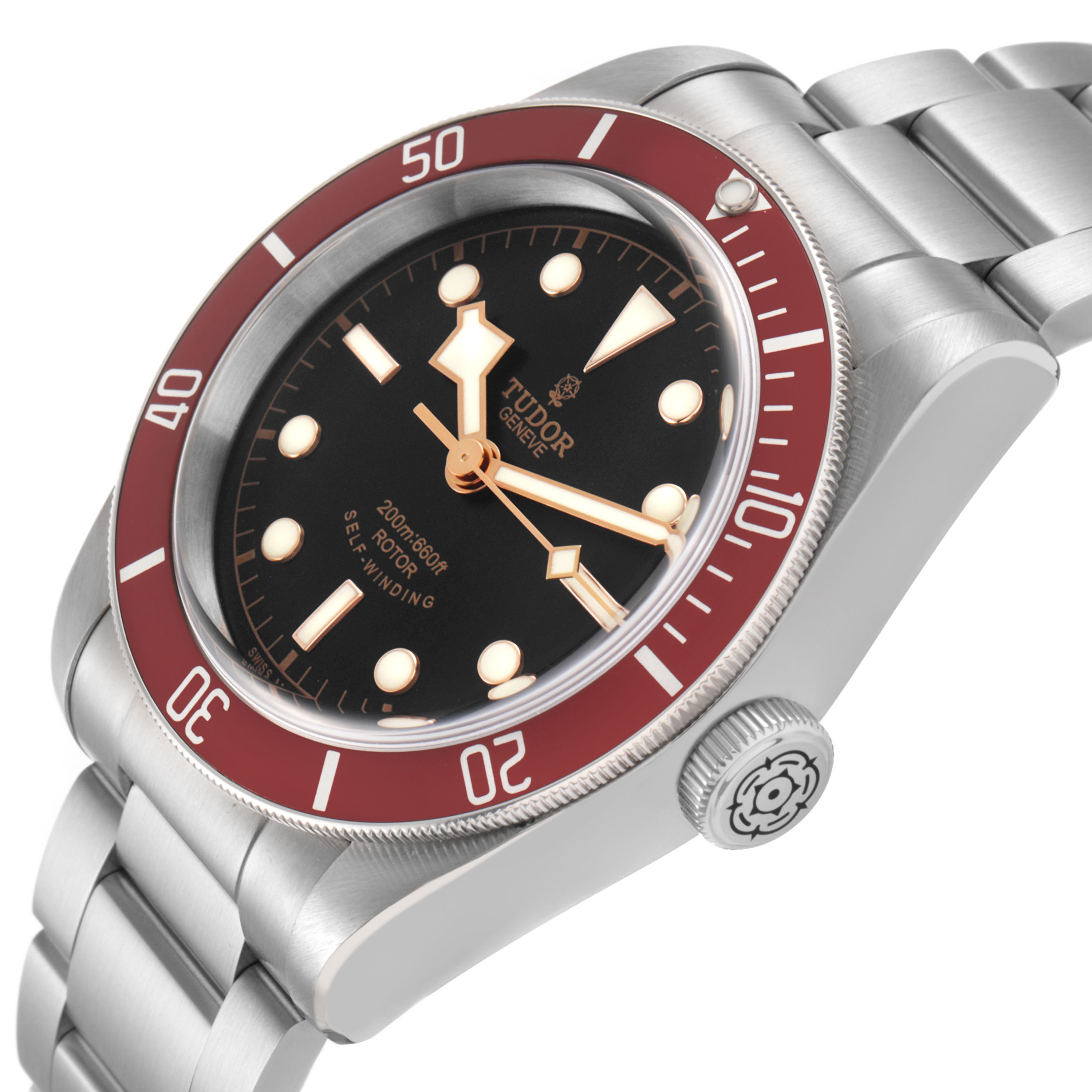 The Tudor Heritage Black Bay 79220R Men's Stainless Steel Black Dial watch is shown at an angled view, highlighting the bezel, dial, and stainless steel bracelet.