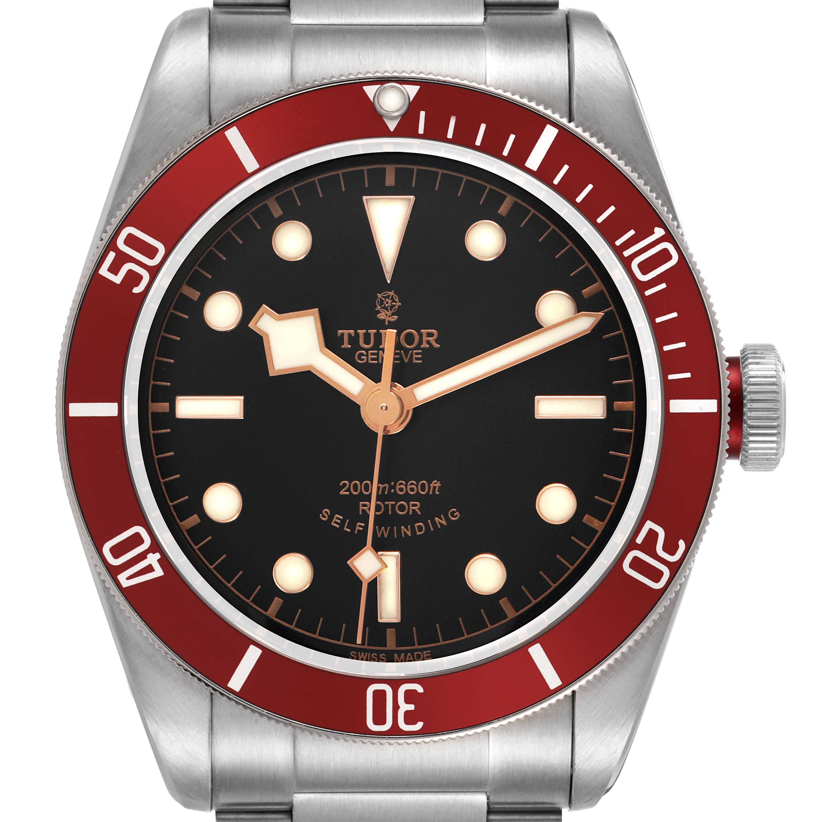 The Tudor Heritage Black Bay 79220R Men's Stainless Steel Black Dial watch is shown from the front, displaying the dial, hands, bezel, and part of the bracelet.