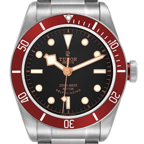 The Tudor Heritage Black Bay 79220R Men's Stainless Steel Black Dial watch is shown from a front angle, highlighting the face, bezel, and crown.