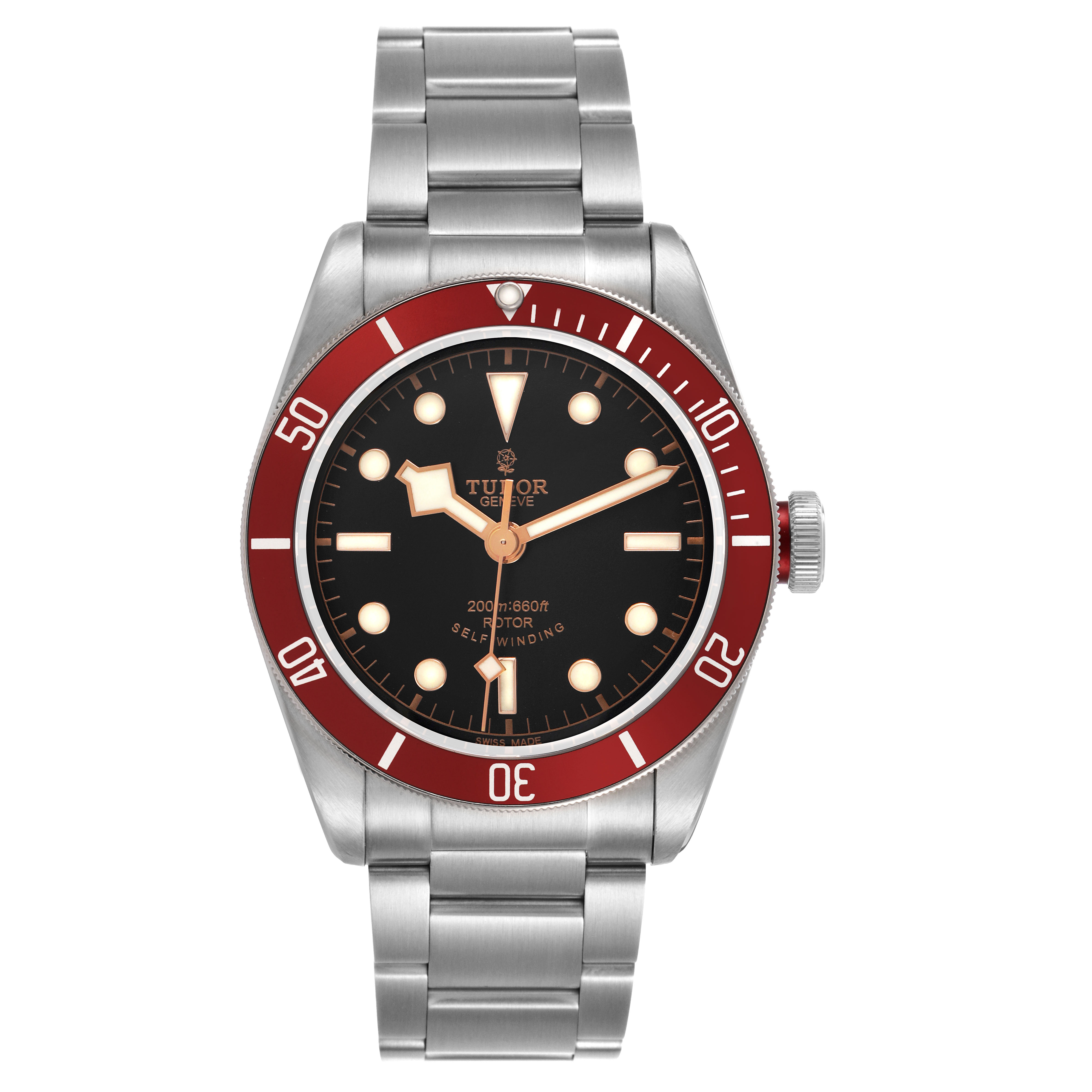 The Tudor Heritage Black Bay 79220R Men's Stainless Steel Black Dial watch is shown from the front, displaying the dial, bezel, crown, and bracelet.
