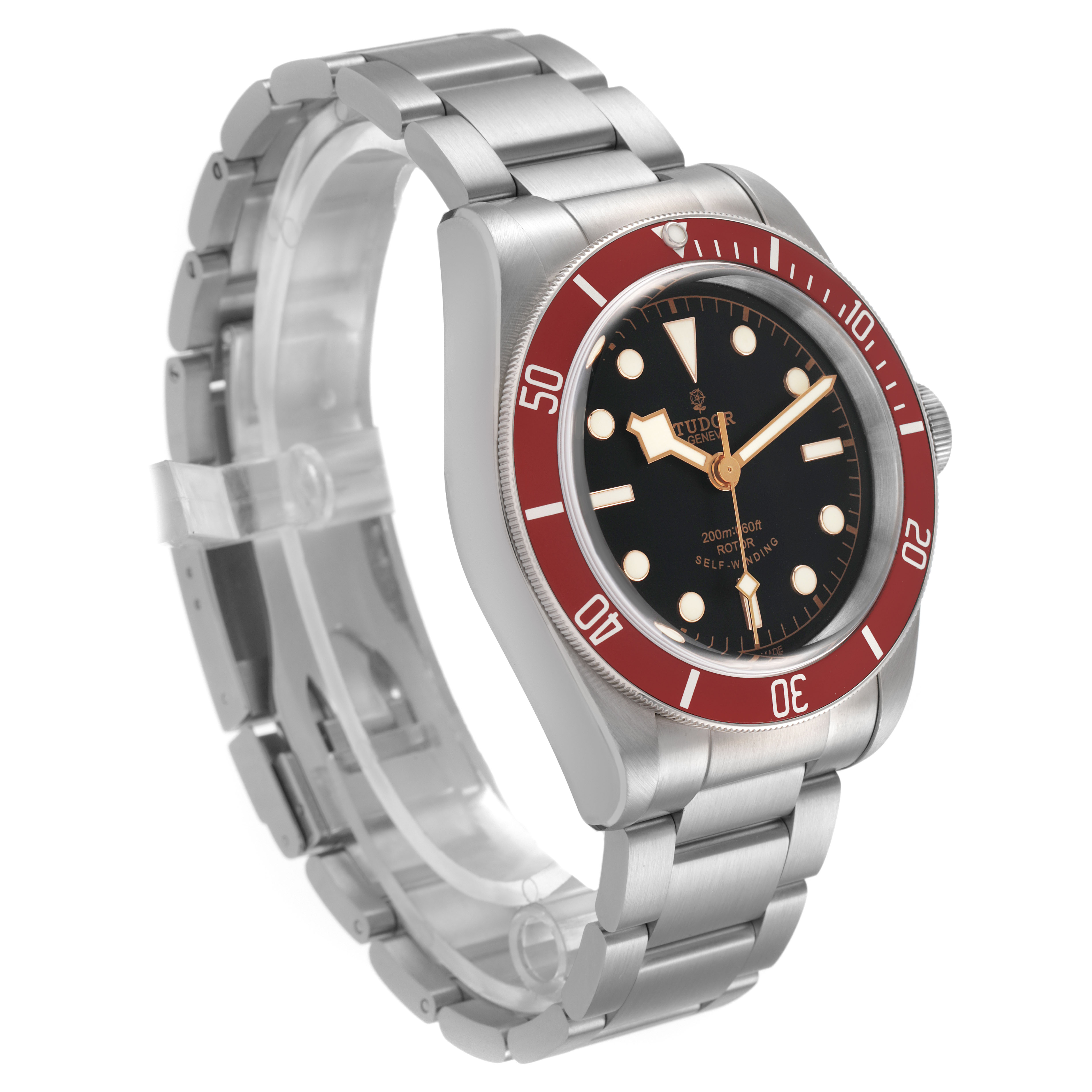 The Tudor Heritage Black Bay 79220R Men's Stainless Steel Black Dial watch is shown at a three-quarter angle, displaying the face, bezel, and stainless steel bracelet.