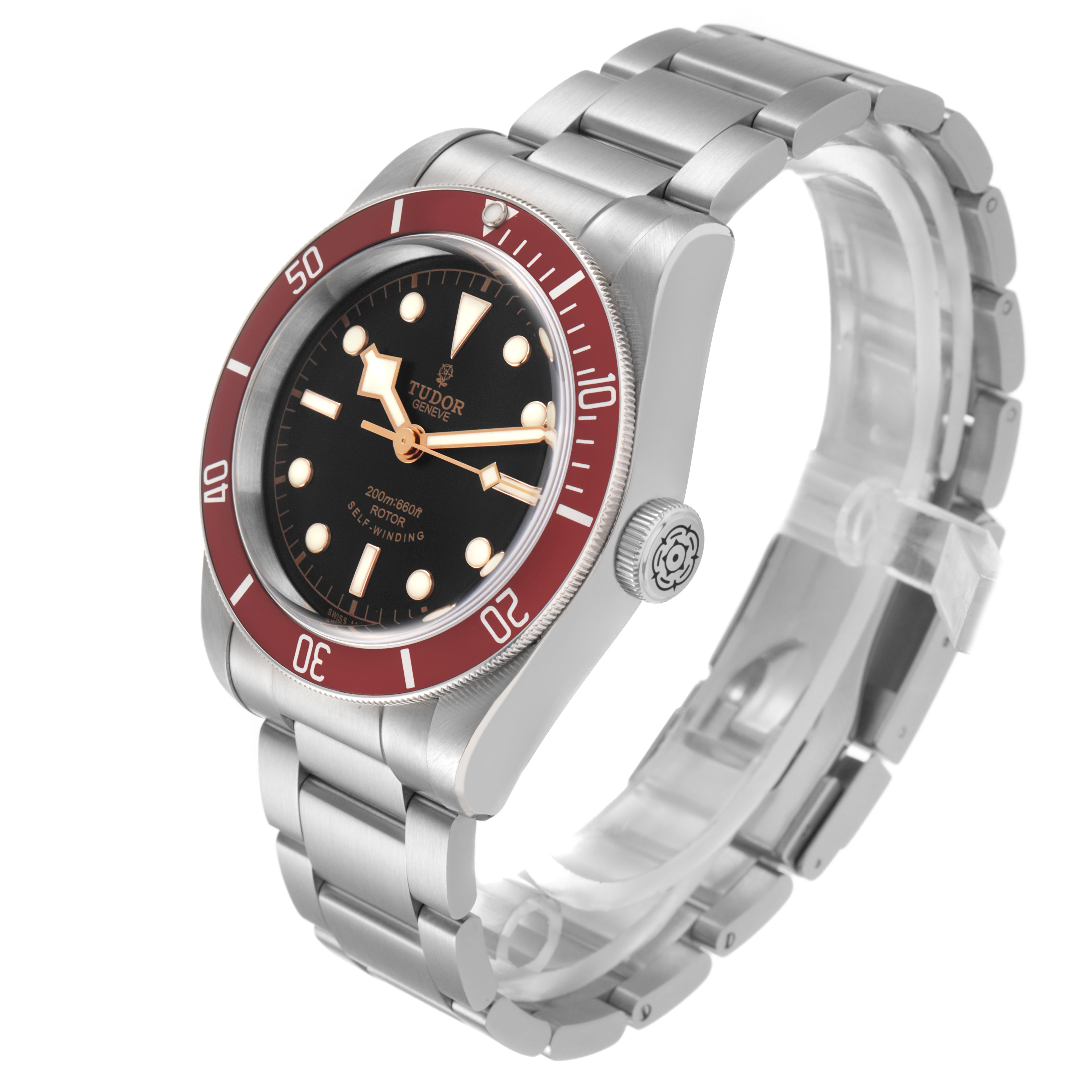 The Tudor Heritage Black Bay 79220R Men's Stainless Steel Black Dial watch is shown at a three-quarter angle, highlighting the face, bezel, crown, and bracelet.