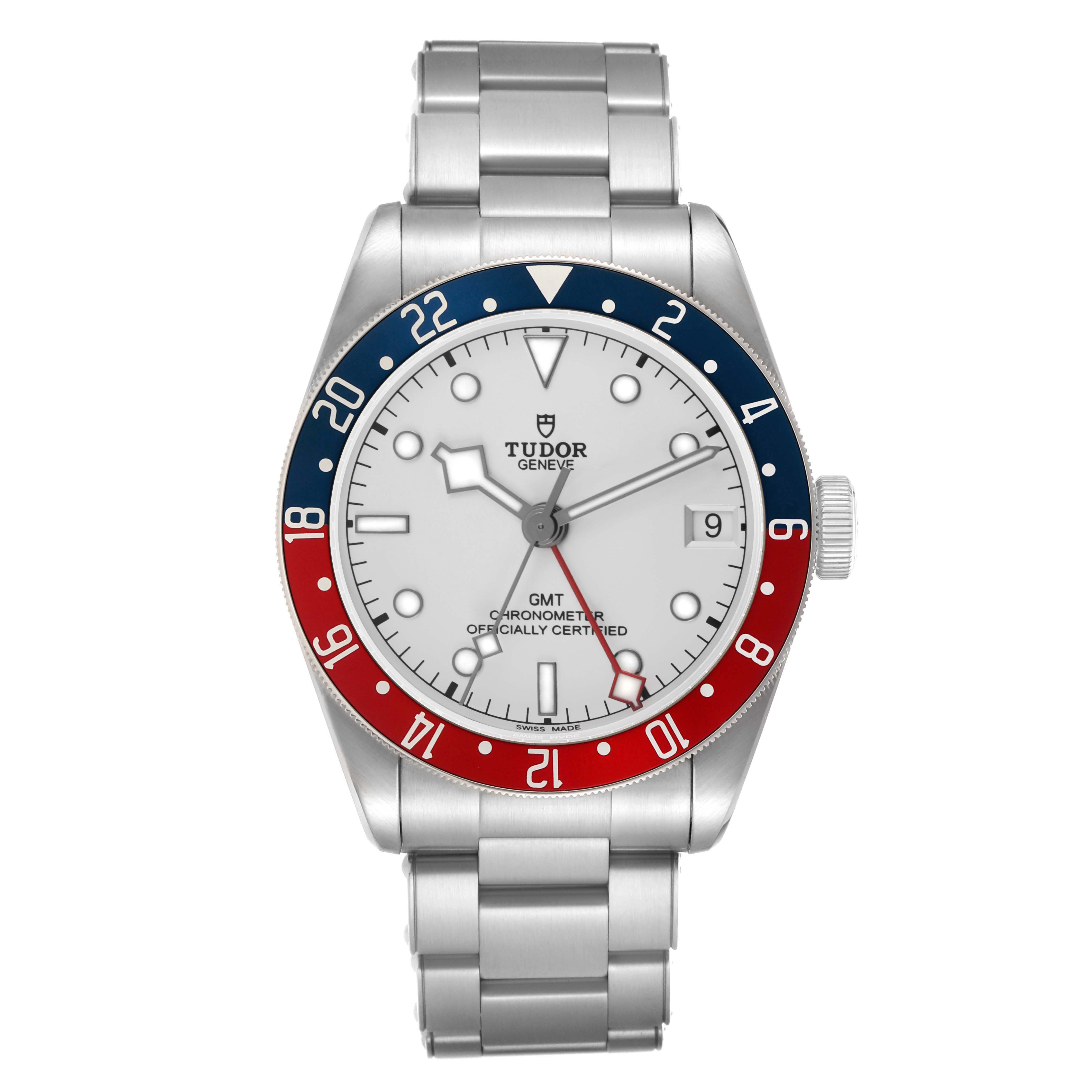 The Tudor Heritage Black Bay 79830RB Men's Stainless Steel Silver Dial watch is shown from the front, featuring its bezel, dial, and bracelet.