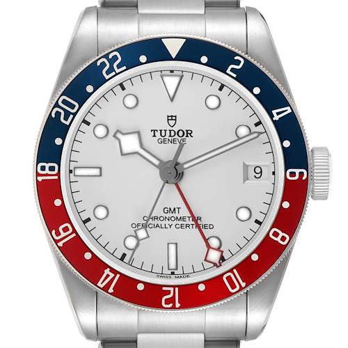 The Tudor Heritage Black Bay 79830RB Men's Stainless Steel Silver Dial watch is shown from the front, highlighting the dial, bezel, case, and part of the bracelet.