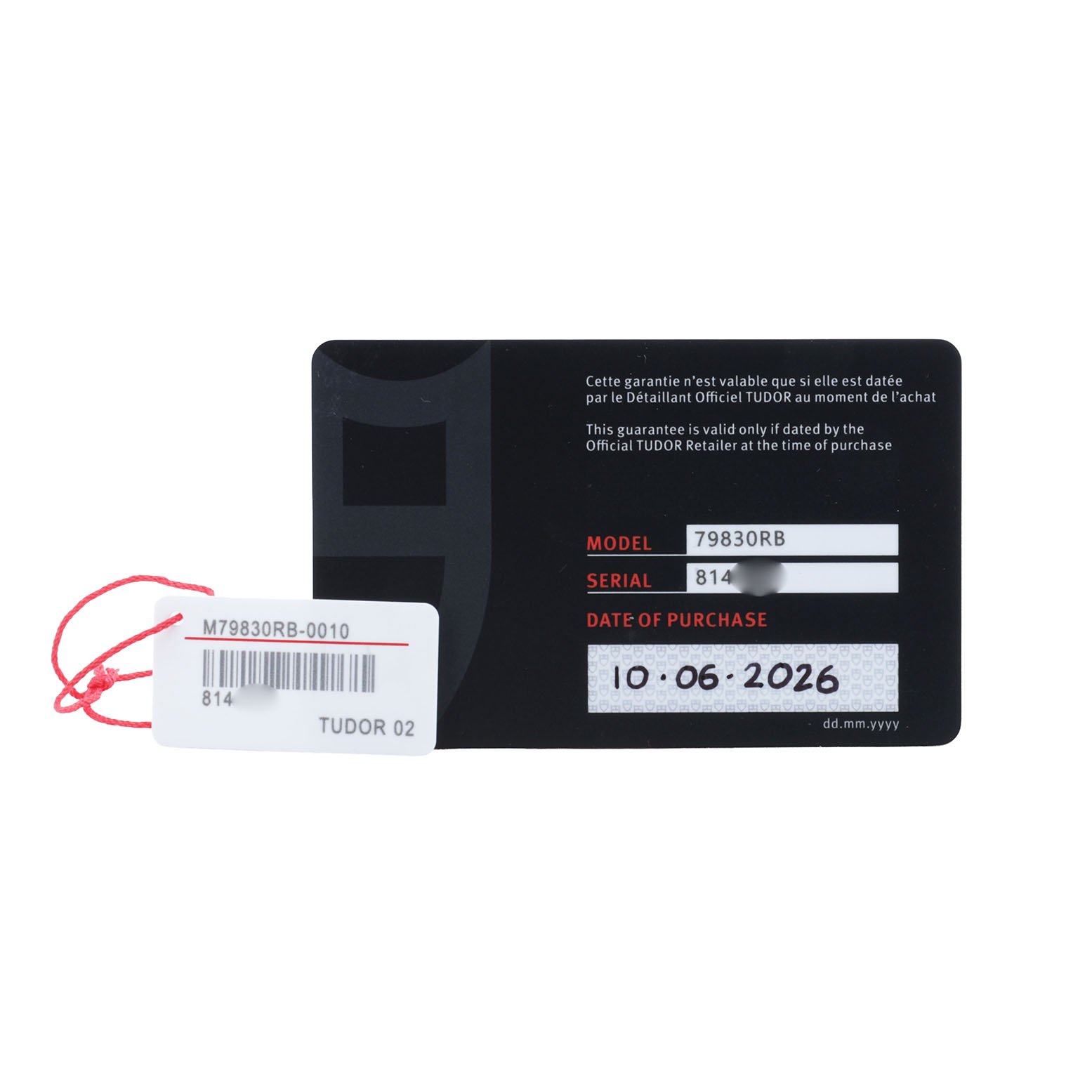 The image shows warranty cards for the Tudor Heritage Black Bay 79830RB Men's Stainless Steel Silver Dial watch, including model and serial numbers.