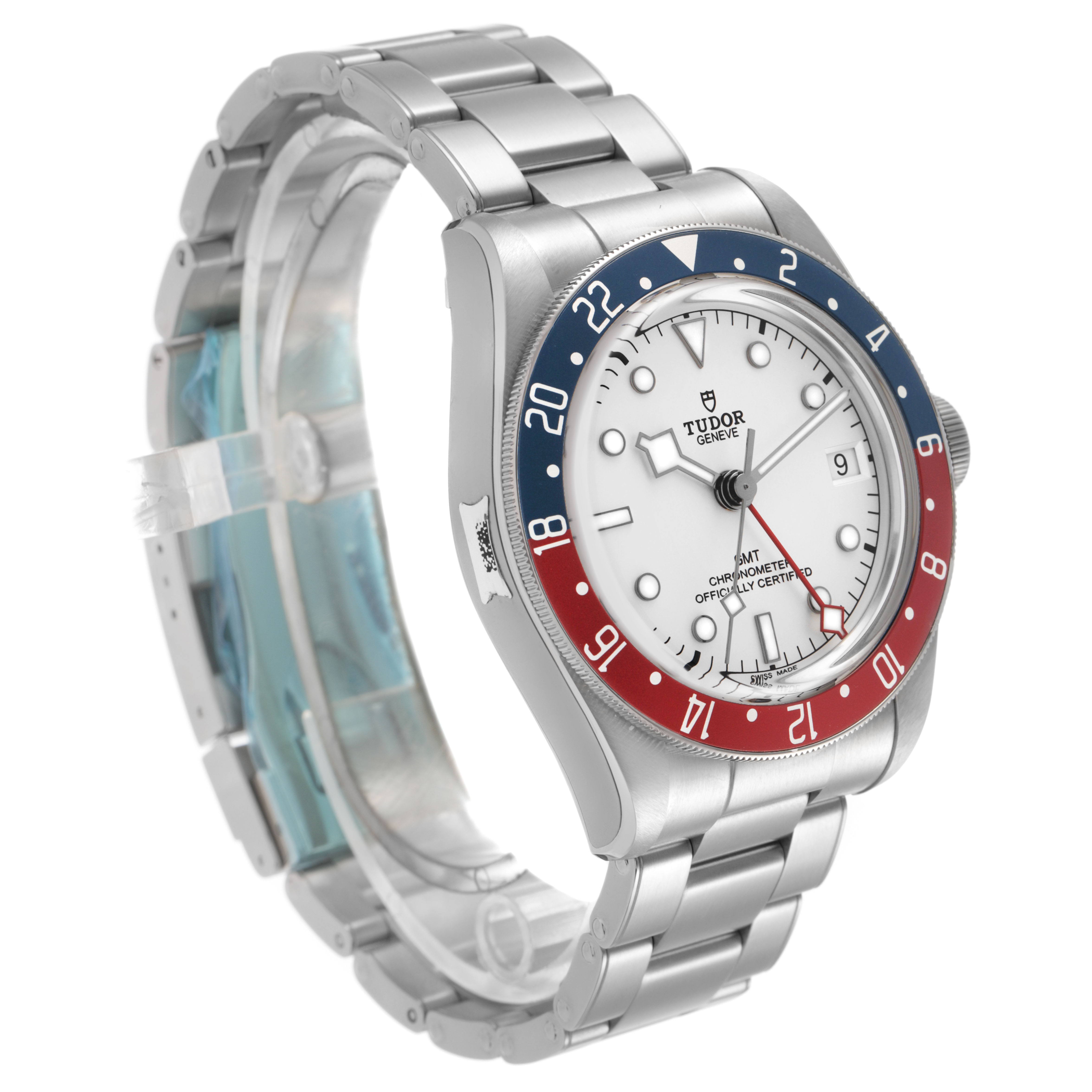 The Tudor Heritage Black Bay 79830RB Men's Stainless Steel Silver Dial watch is shown at an angled view, highlighting the bezel, dial, and bracelet.