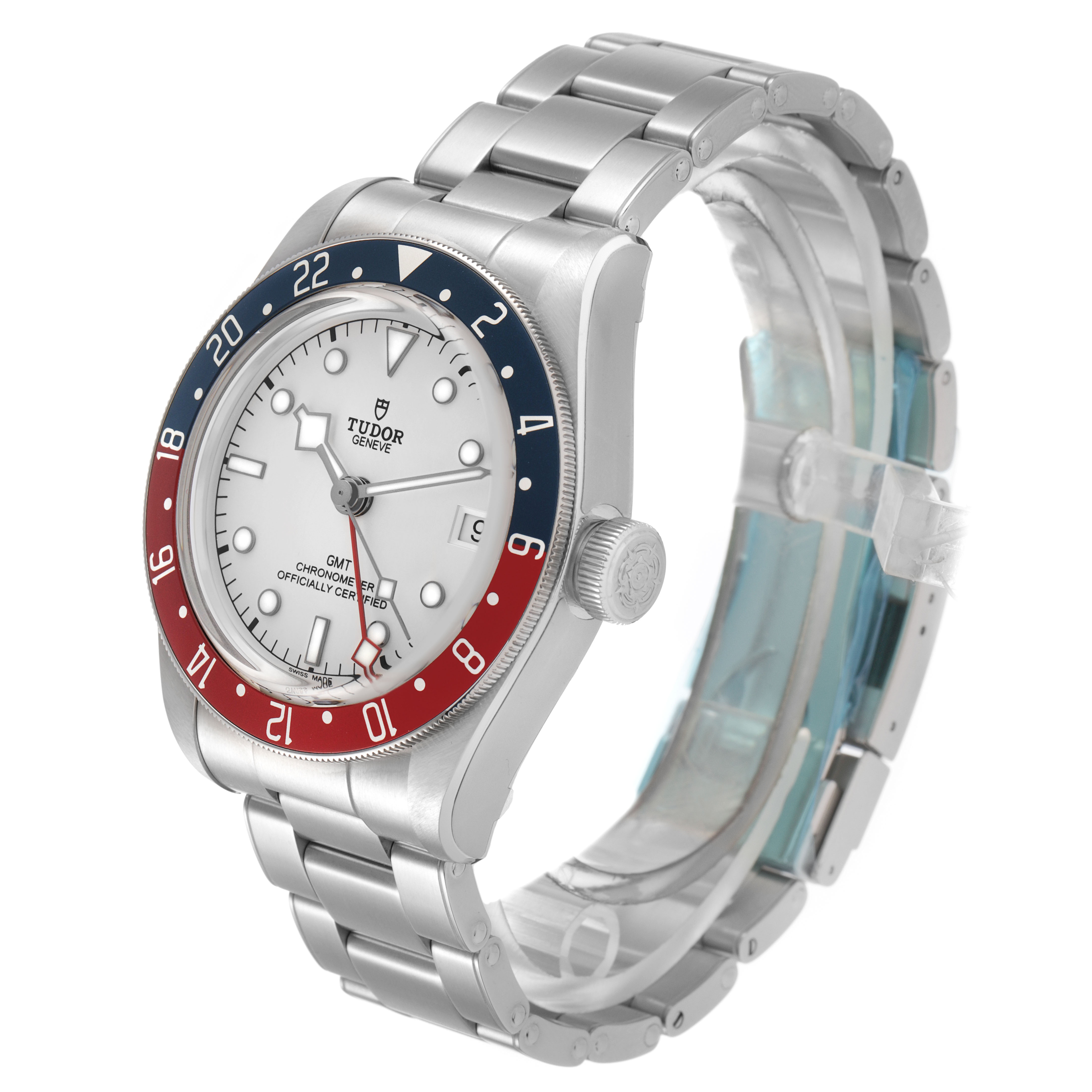 The Tudor Heritage Black Bay 79830RB Men's Stainless Steel Silver Dial watch is shown at a slight angle displaying the dial, bezel, crown, and bracelet.