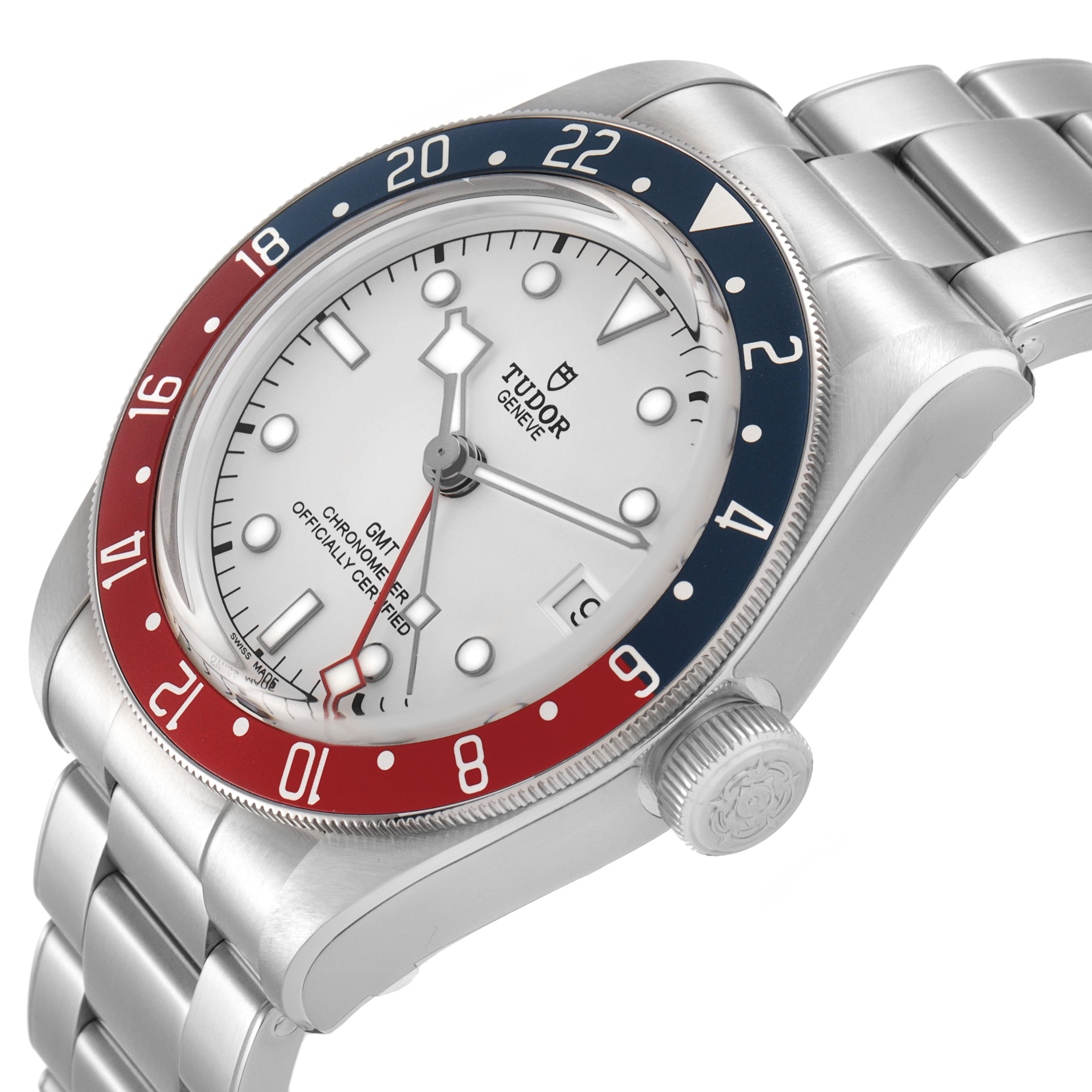 The Tudor Heritage Black Bay 79830RB Men's Stainless Steel Silver Dial watch is shown from an angled side view, highlighting the bezel, face, and bracelet.
