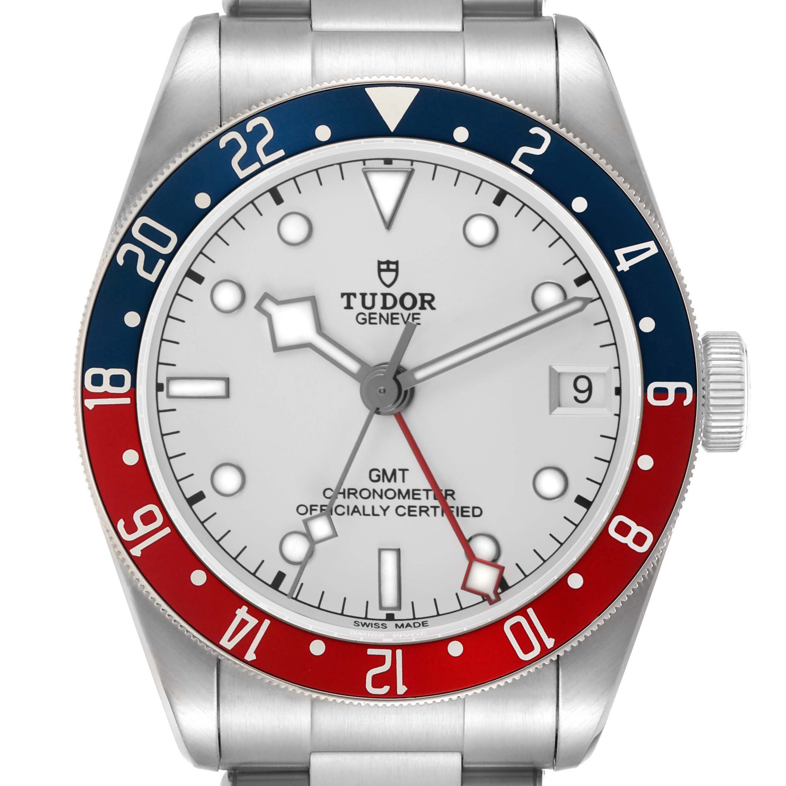 The Tudor Heritage Black Bay 79830RB Men's Stainless Steel Silver Dial watch is shown from a front angle, highlighting the dial, bezel, and crown.