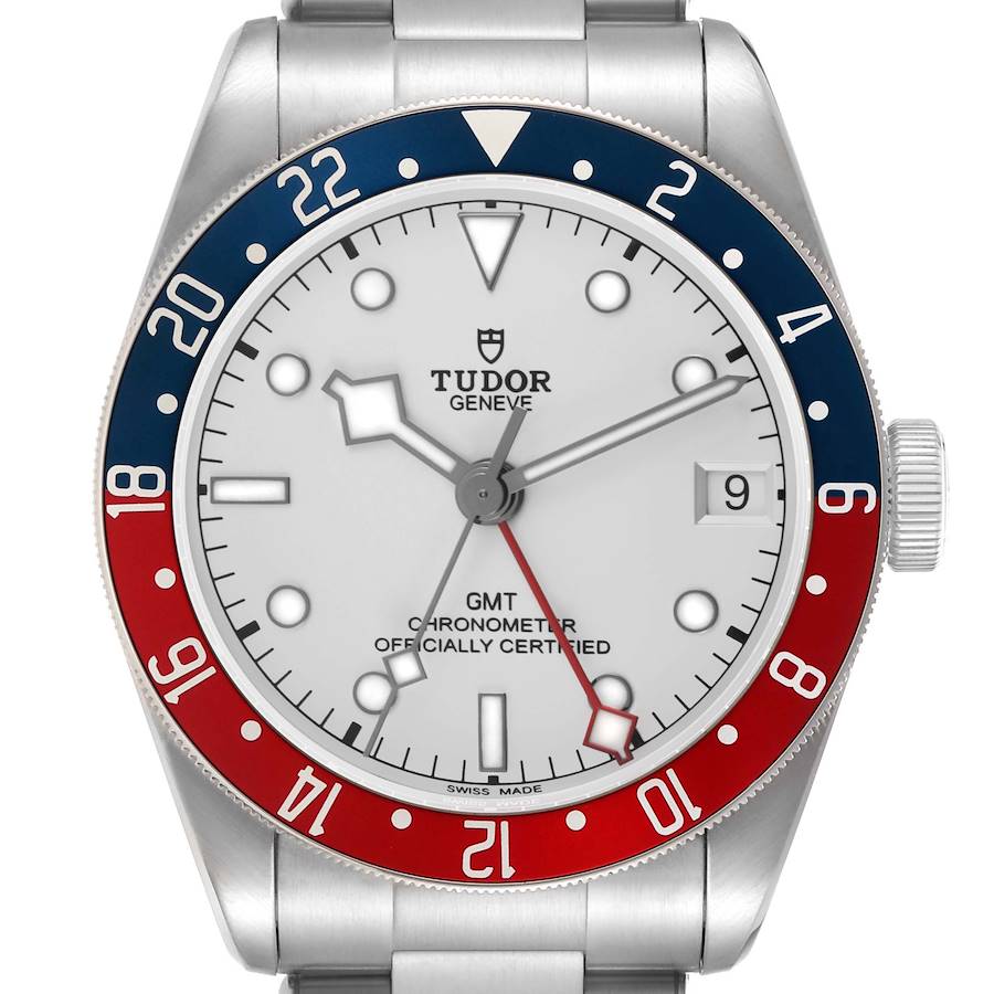 The Tudor Heritage Black Bay 79830RB Men's Stainless Steel Silver Dial watch is shown from a front angle, highlighting the dial, bezel, and crown.