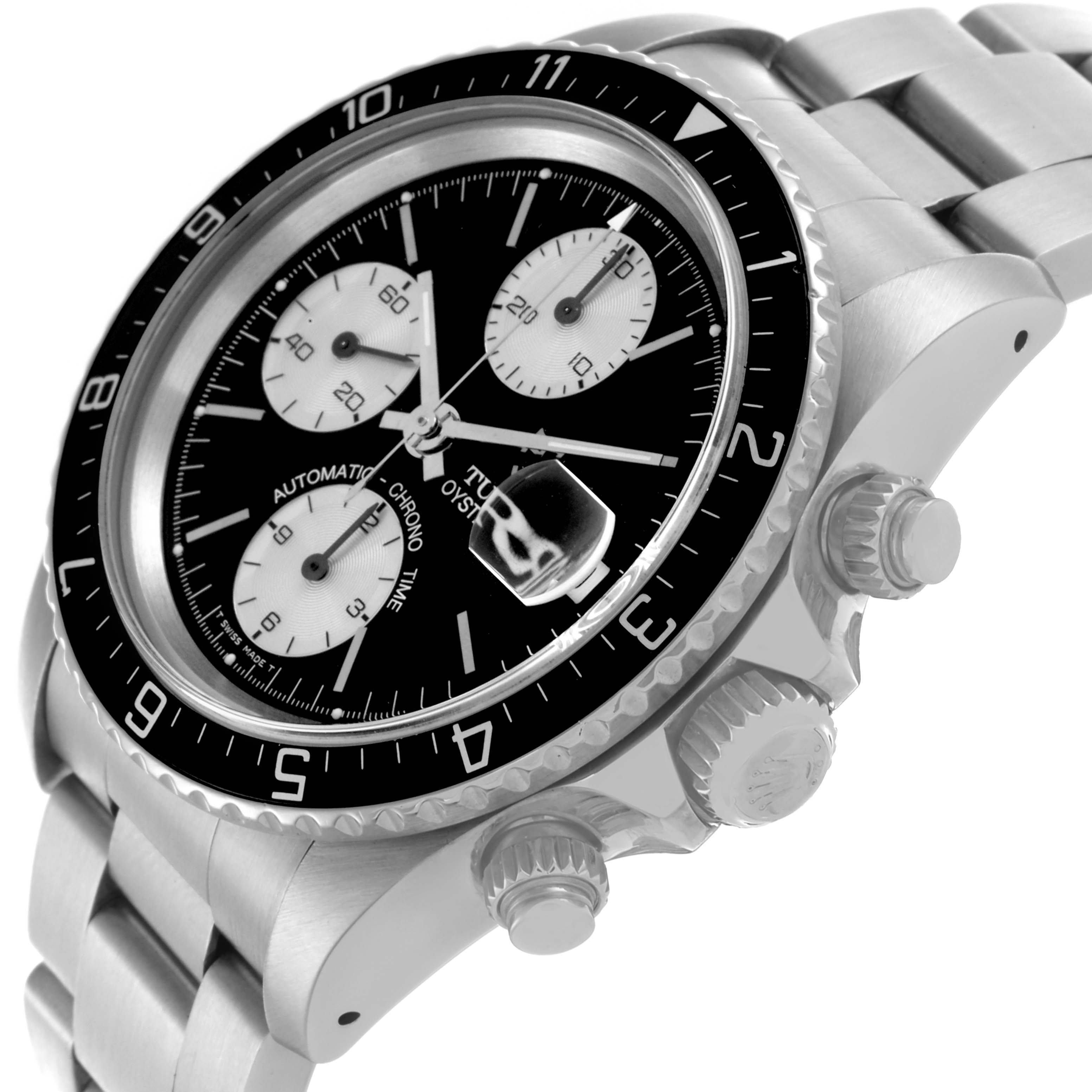 The Tudor Prince 79270 Men
s Stainless Steel Black Dial 79270 Men
s Stainless Steel Black Dial watch is shown at an angled side view, highlighting the bezel, crown, pushers, and part of the bracelet.